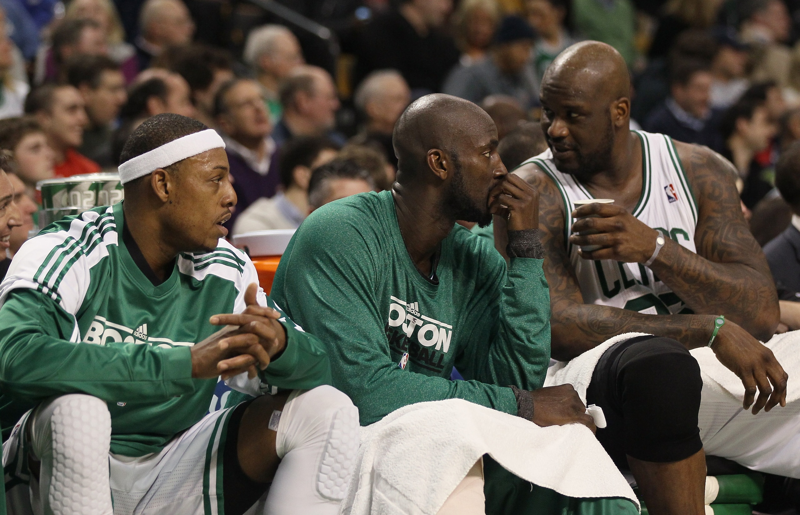 BOSTON, MA - JANUARY 17:  Paul Pierce #34, Kevin Garnett #5 and Shaquille O'Neal #36 of the Boston Celtics talk on the bench in the first quarter against the Orlando Magic on January 17, 2011 at the TD Garden in Boston, Massachusetts.  NOTE TO USER: User