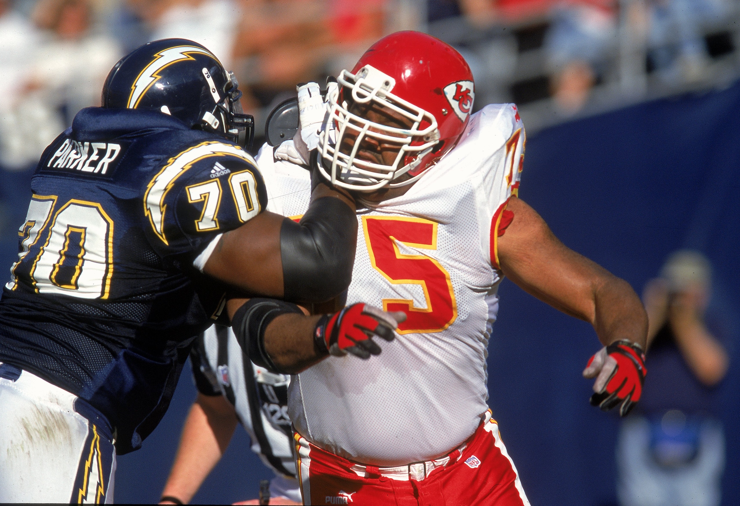 26 Nov 2000: Chester McGlockton #75 of the Kansas City Chiefs is blocked by Vaughn Parker #70 of the San Diego Chargers at the Qualcomm Stadium in San Diego, California. The Chargers defeated the Chiefs 17-16.Mandatory Credit: Stephen Dunn /Allsport 26 Nov 2000: Chester McGlockton #75 of the Kansas City Chiefs is blocked by Vaughn Parker #70 of the San Diego Chargers at the Qualcomm Stadium in San Diego, California. The Chargers defeated the Chiefs 17-16.Mandatory Credit: Stephen Dunn /Allsport