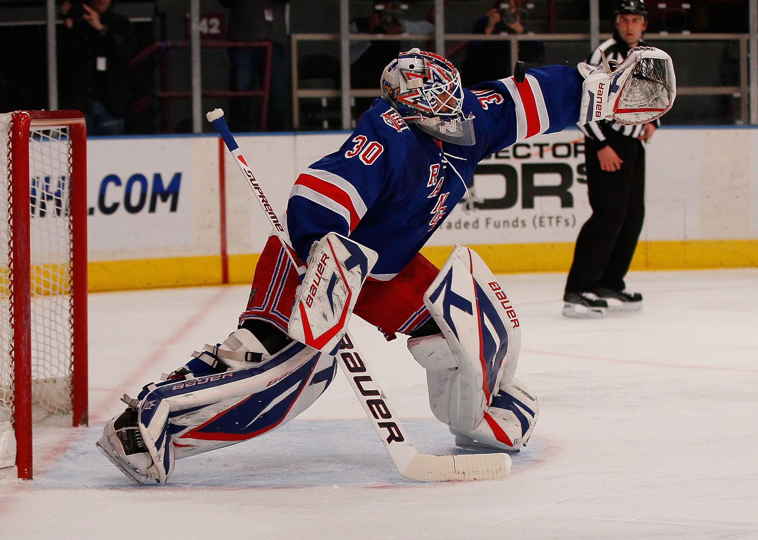 NEW YORK - MARCH 22:  Henrik Lundqvist #30 of the New York Rangers skates against the Florida Panthers on March 22, 2011 at Madison Square Garden in New York City, New York. Rangers defeated the Islanders 1-0.  (Photo by Mike Stobe/Getty Images)