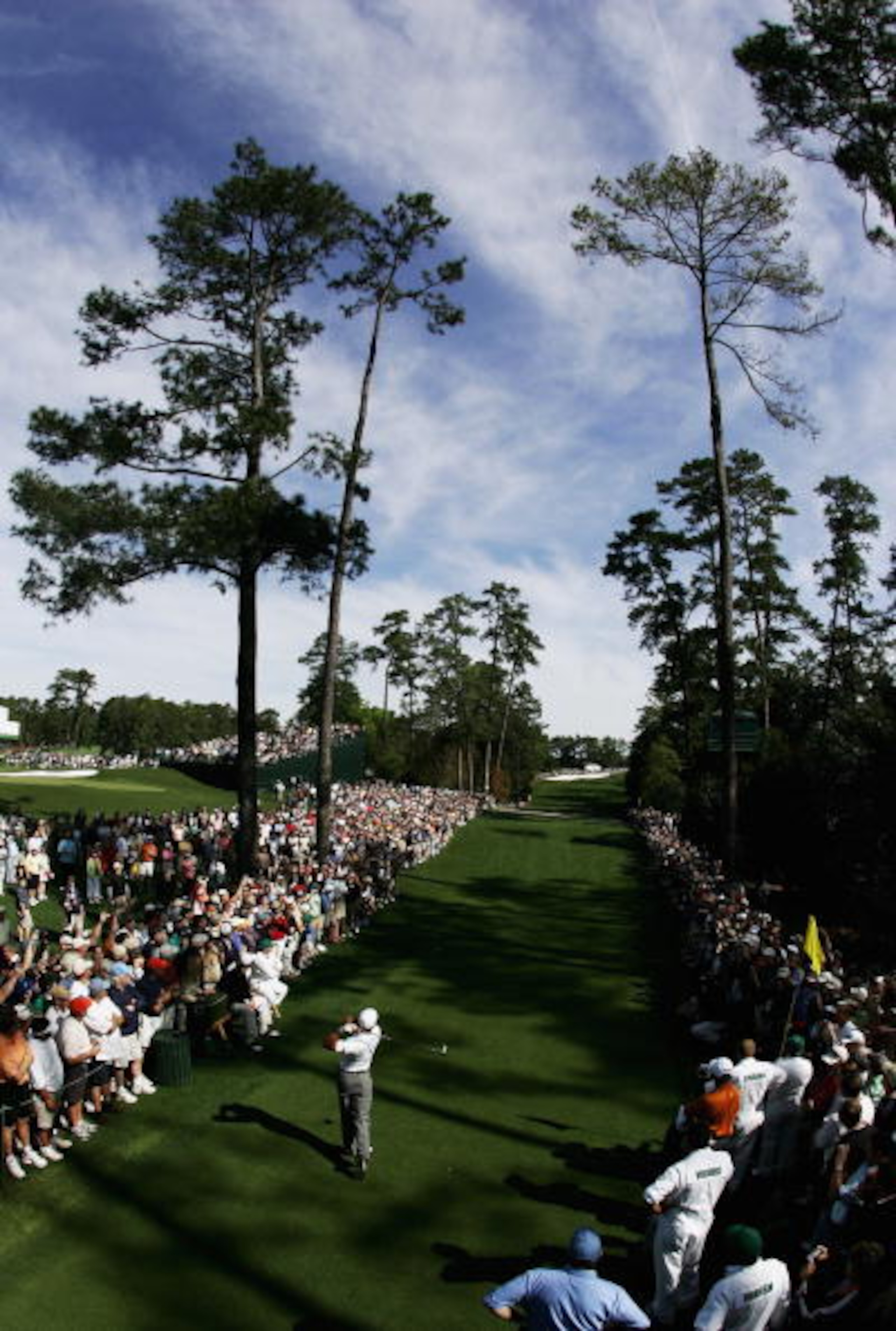 AUGUSTA, GA - APRIL 05:  Tiger Woods drives off the 18th tee during practice for The Masters at the Augusta National Golf Club on April 5, 2006 in Augusta, Georgia.  (Photo by Harry How/Getty Images)