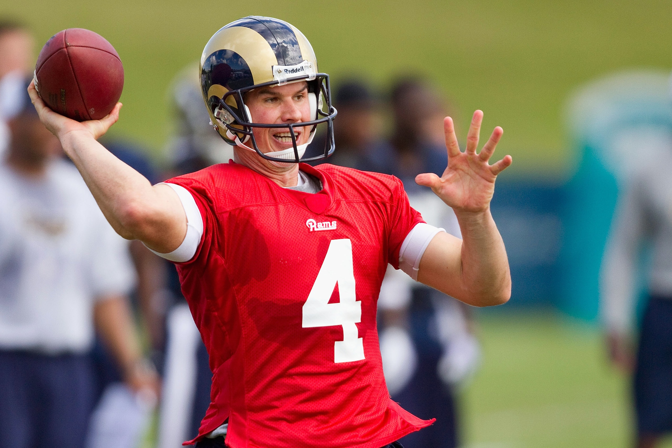 EARTH CITY, MO - JULY 31: A.J. Feeley #4 of the St. Louis Rams passes during training camp at the Russell Athletic Training Facility on July 31, 2010 in Earth City, Missouri. (Photo by Dilip Vishwanat/Getty Images) EARTH CITY, MO - JULY 31: A.J. Feeley #4 of the St. Louis Rams passes during training camp at the Russell Athletic Training Facility on July 31, 2010 in Earth City, Missouri. (Photo by Dilip Vishwanat/Getty Images)