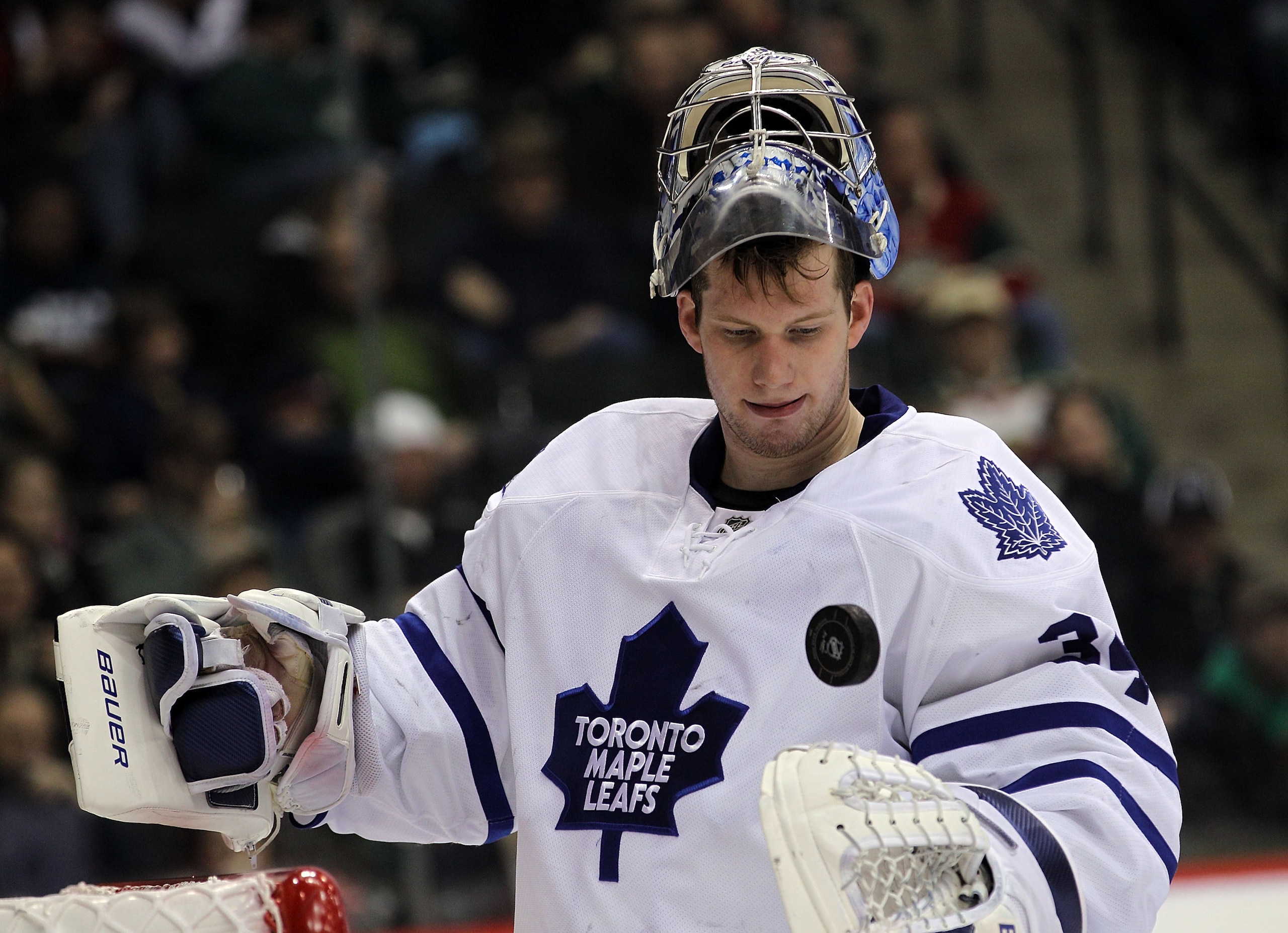 ST PAUL, MN - MARCH 22: James Reimer #34 of the Toronto Maple Leafs handles the puck during a time out against the Minnesota Wild at the Xcel Energy Center on March 22, 2011 in St Paul, Minnesota.  (Photo by Bruce Bennett/Getty Images)