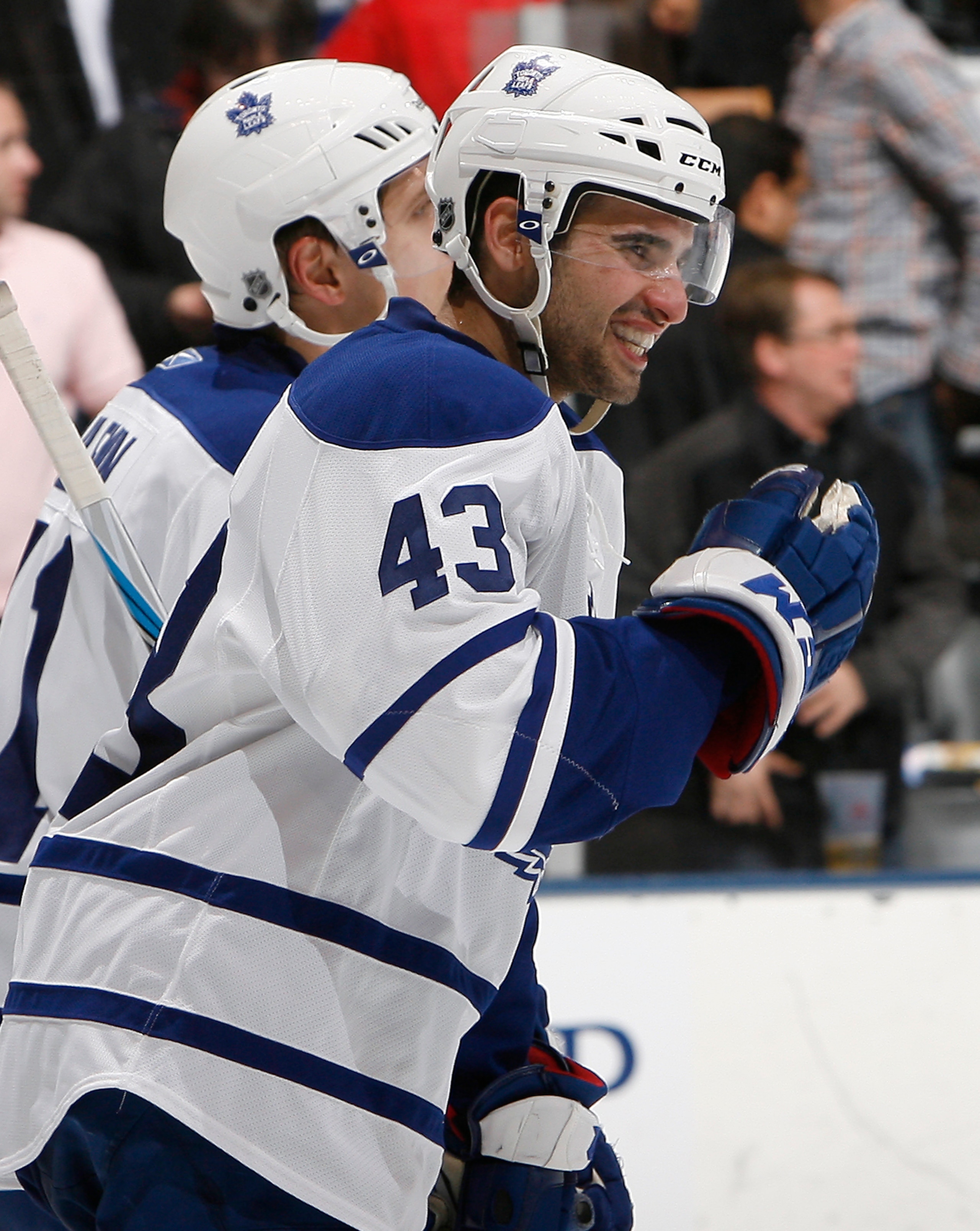 TORONTO - NOVEMBER 18: Nazem Kadri #43 of the Toronto Maple Leafs celebrates 3-1 win against the New Jersey Devils during game action at the Air Canada Centre November 18, 2010 in Toronto, Ontario, Canada. (Photo by Abelimages/Getty Images)