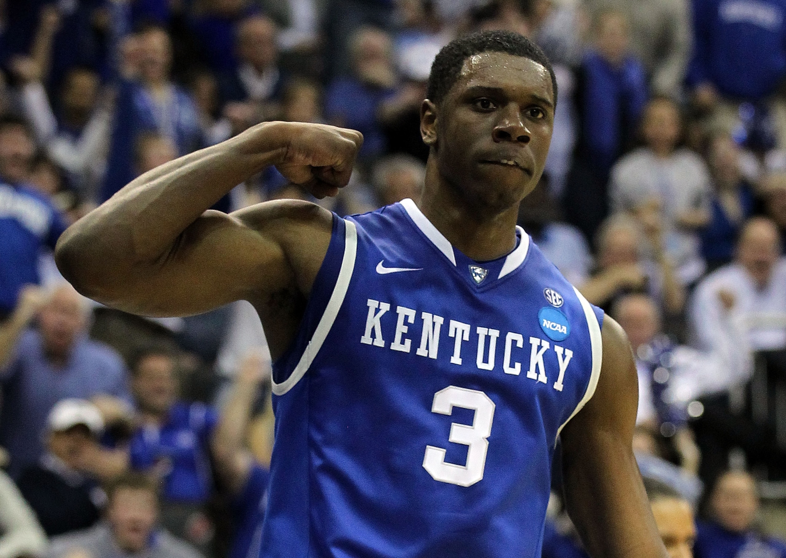 NEWARK, NJ - MARCH 27:  Terrence Jones #3 of the Kentucky Wildcats celebrates after a point against the North Carolina Tar Heels during the first half of the east regional final of the 2011 NCAA men's basketball tournament at Prudential Center on March 27
