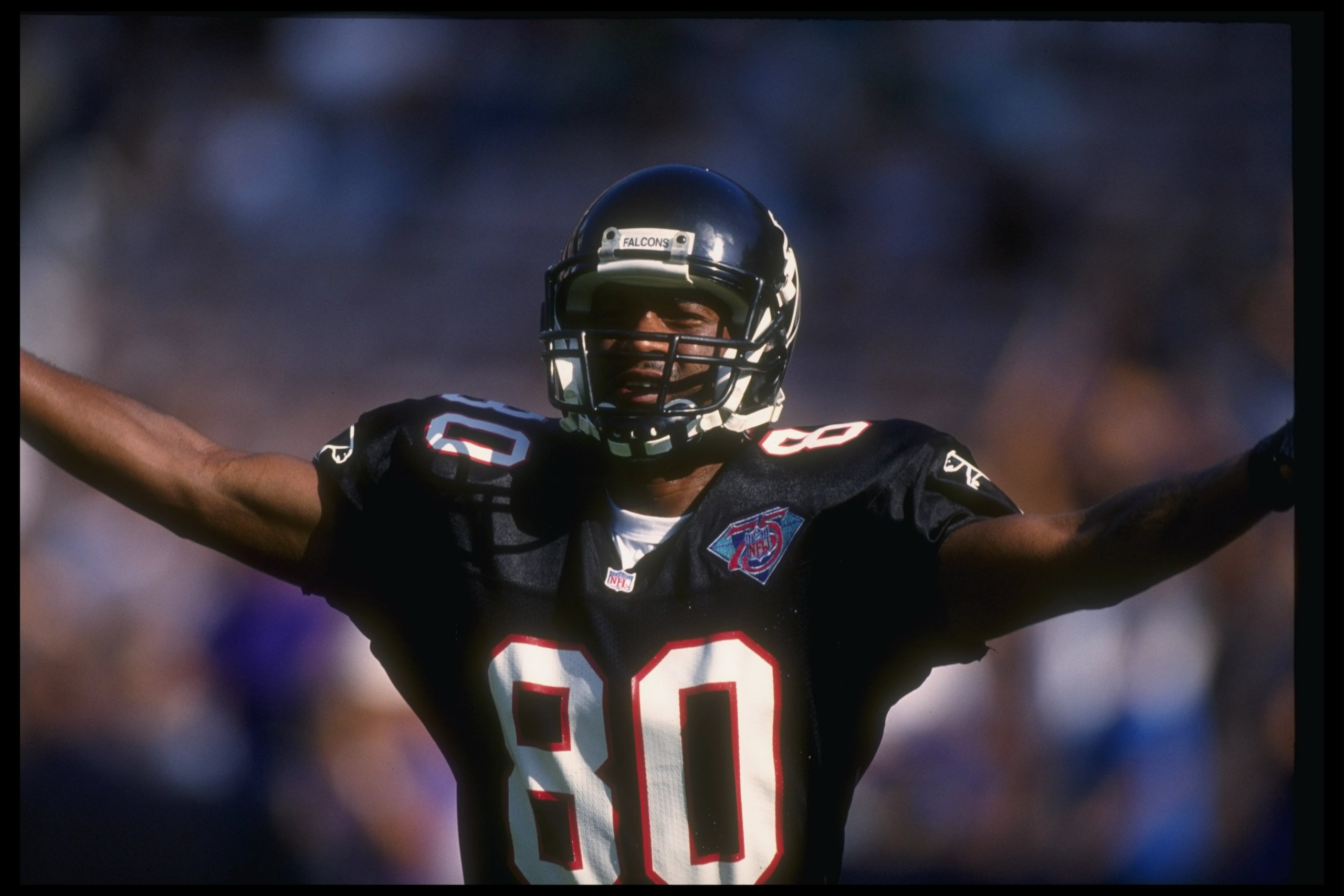 2 Oct 1994:  Wide receiver Andre Rison of the Atlanta Falcons celebrates during a game against the Los Angeles Rams at Anaheim Stadium in Anaheim, California.  The Falcons won the game, 8-5. Mandatory Credit: Al Bello  /Allsport