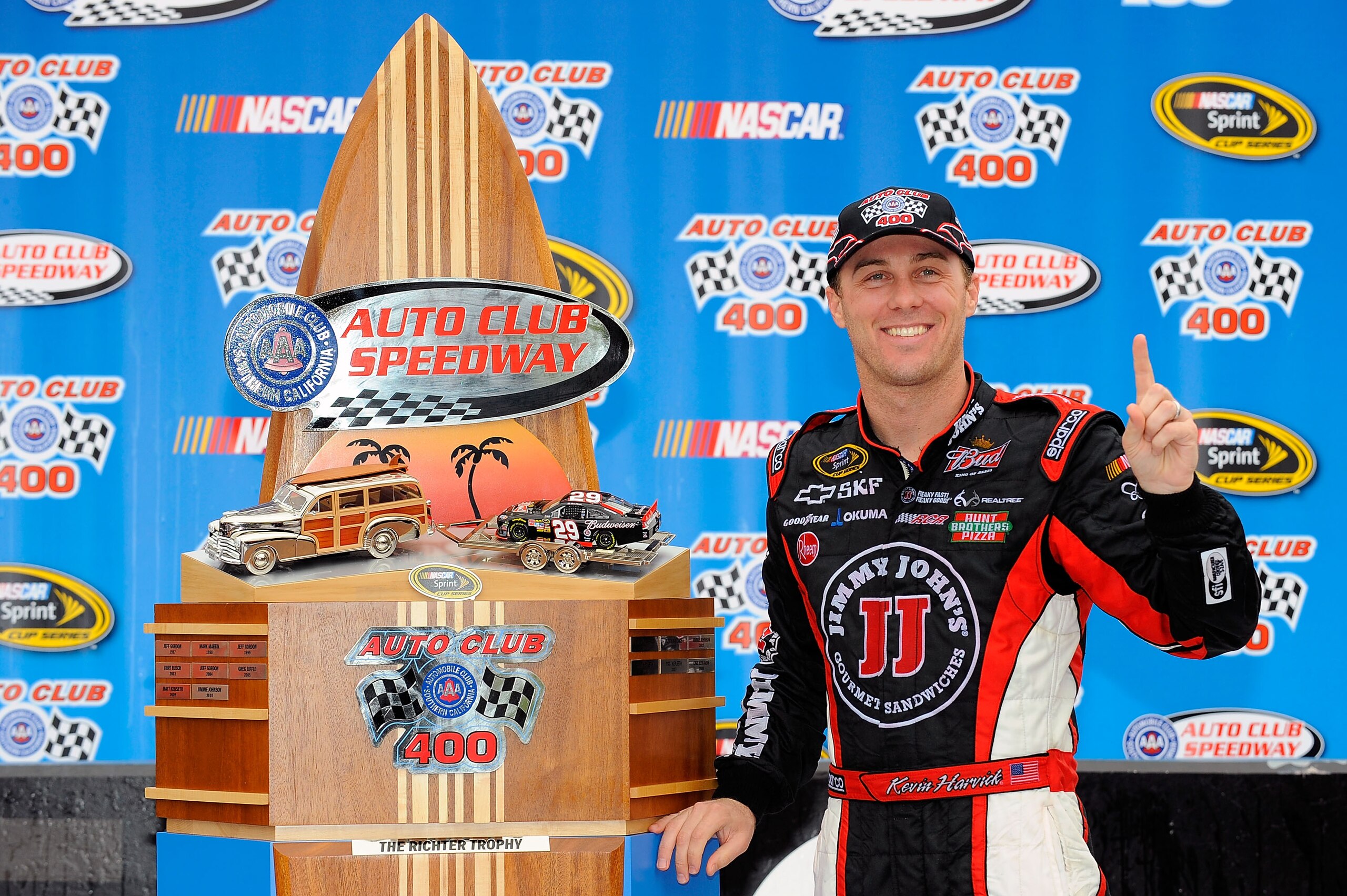 FONTANA, CA - MARCH 27:  Kevin Harvick, driver of the #29 Jimmy John's Chevrolet, celebrates in victory lane after winning the NASCAR Sprint Cup Series Auto Club 400 at Auto Club Speedway on March 27, 2011 in Fontana, California.  (Photo by Jared C. Tilto