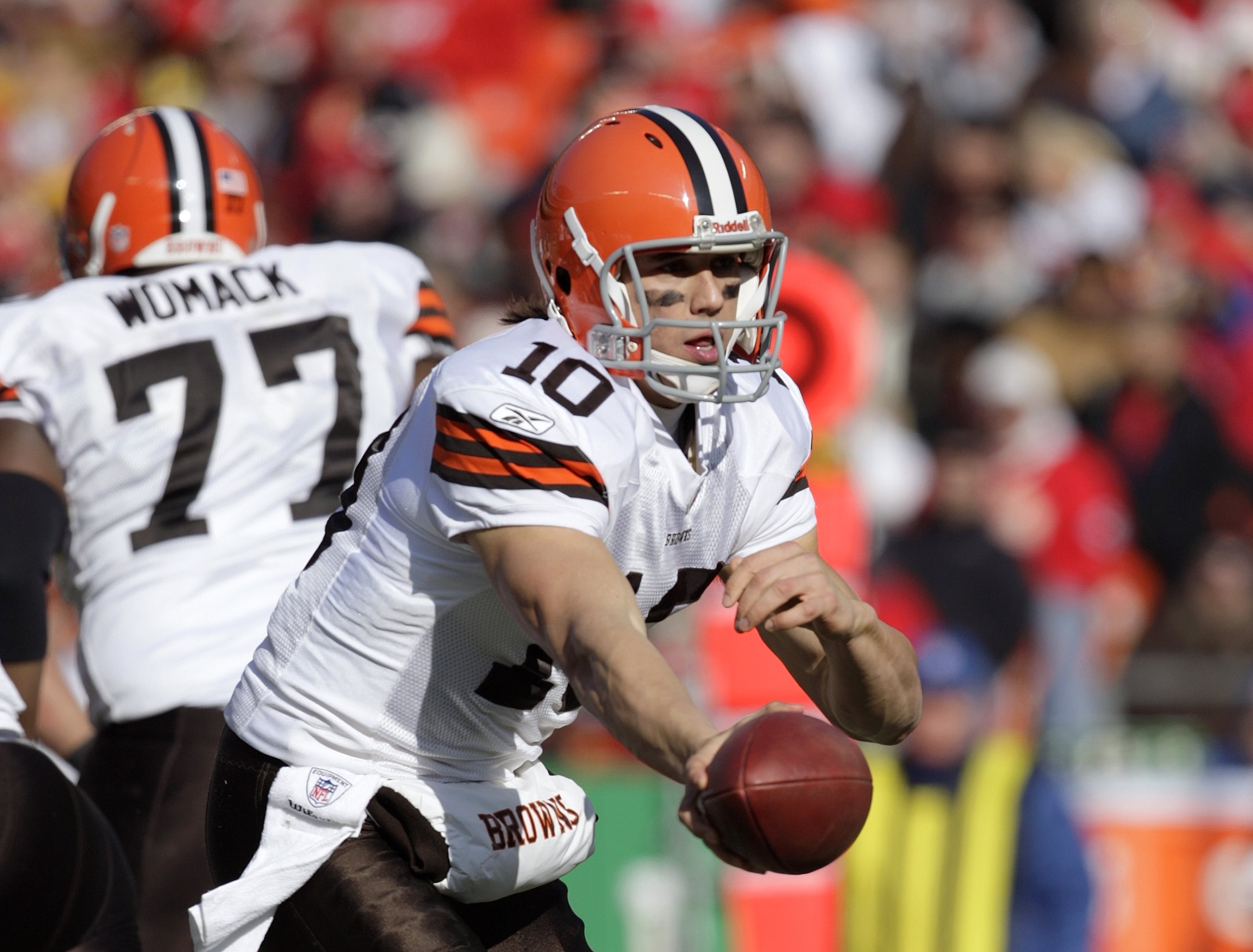 KANSAS CITY, MO - DECEMBER 20:  Quarterback Brady Quinn #10 of the Cleveland Browns reaches out to hand the ball off during their NFL game against the Kansas City Chiefs on December 20, 2009 at Arrowhead Stadium in Kansas City, Missouri. The Browns defeat