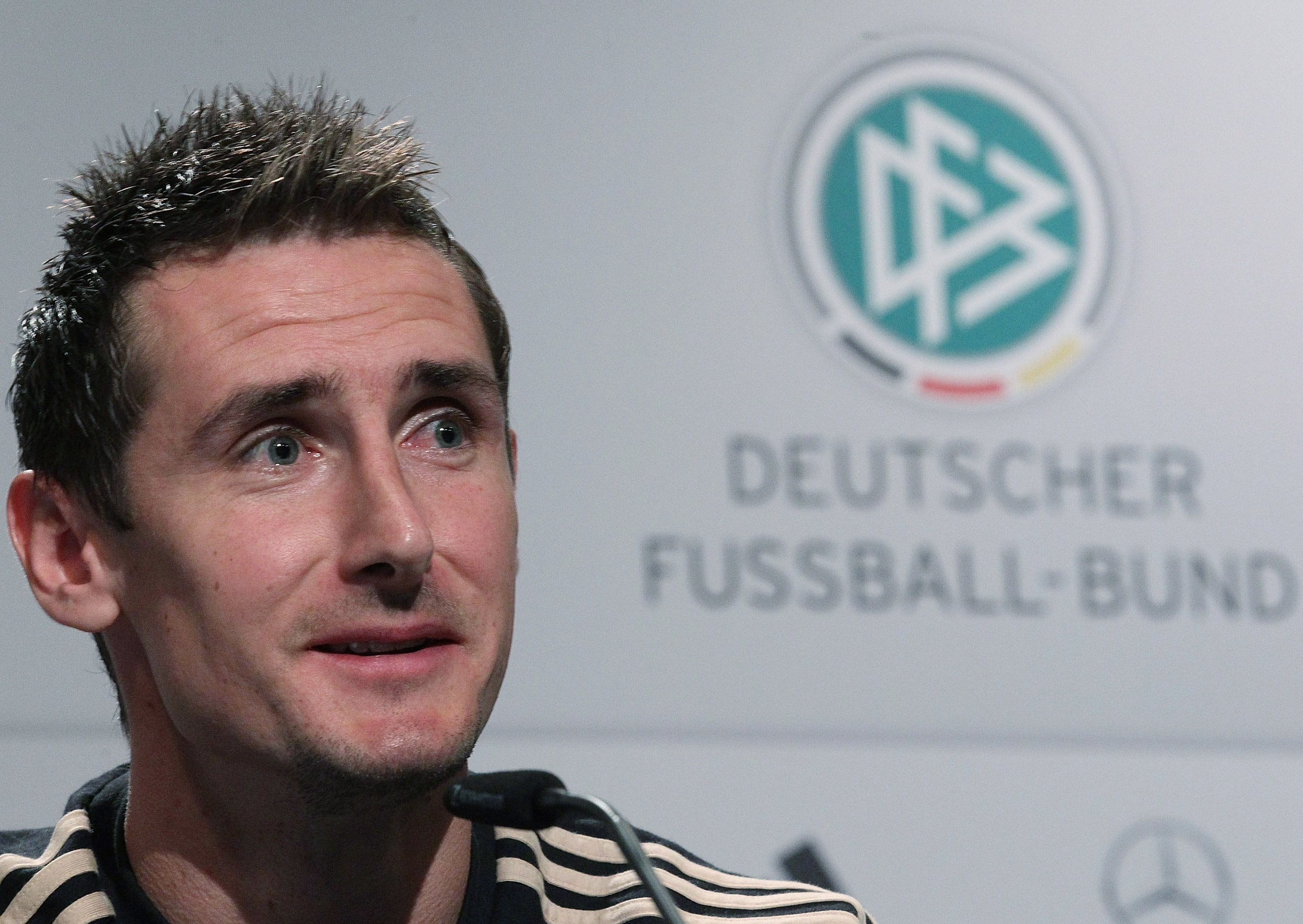 PRETORIA, SOUTH AFRICA - JULY 04:  Miroslav Klose of Germany speaks to the media in the media center at the Velmore Grand Hotel on July 4, 2010 in Pretoria, South Africa.  (Photo by Joern Pollex/Getty Images)