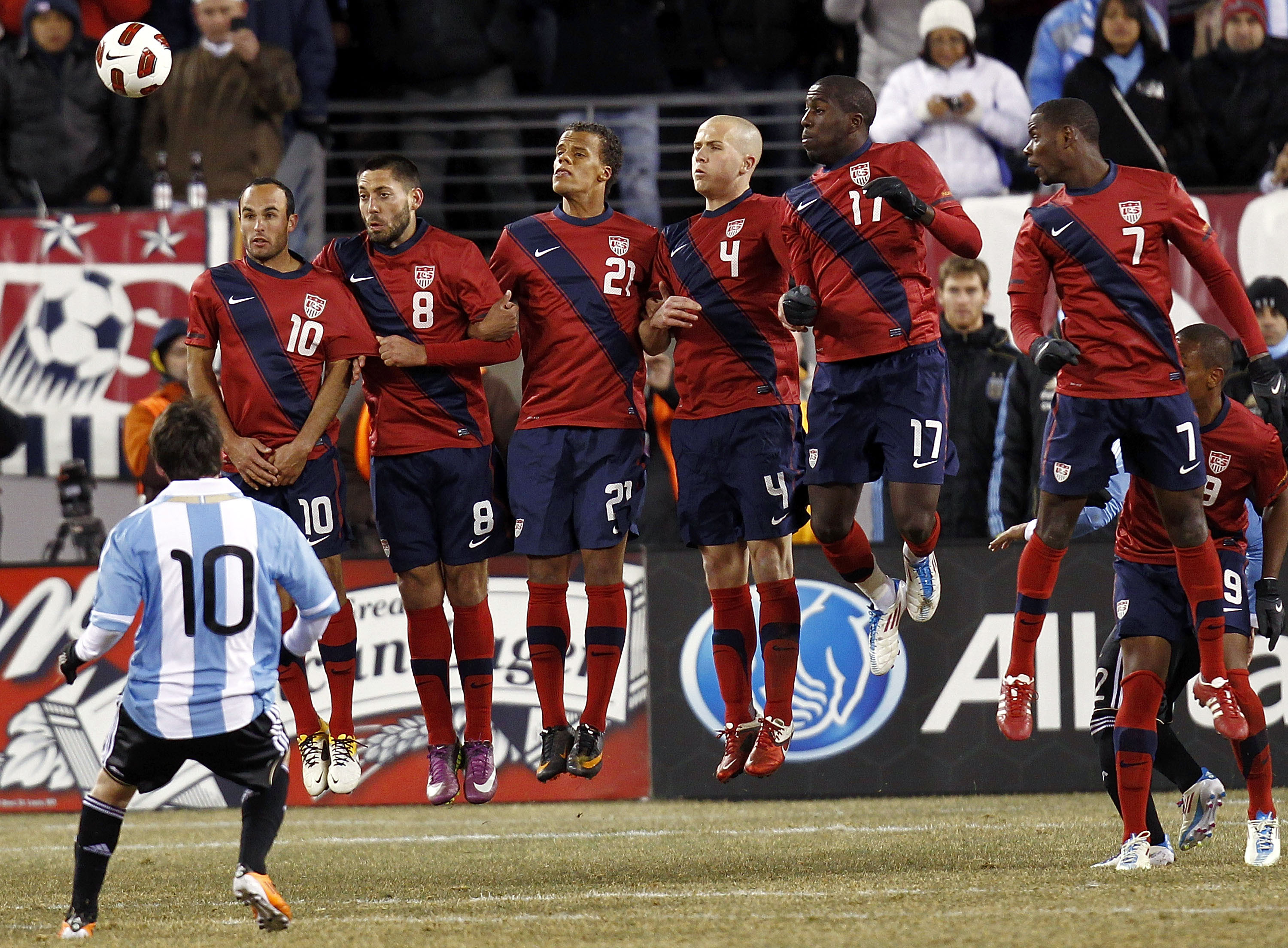 EAST RUTHERFORD, NJ - MARCH 26:  The United States lines up to defend a free kick by Lionel Messi #10 of Argentina during the second half of a friendly match at New Meadowlands Stadium on March 26, 2011 in East Rutherford, New Jersey.  (Photo by Jeff Zele