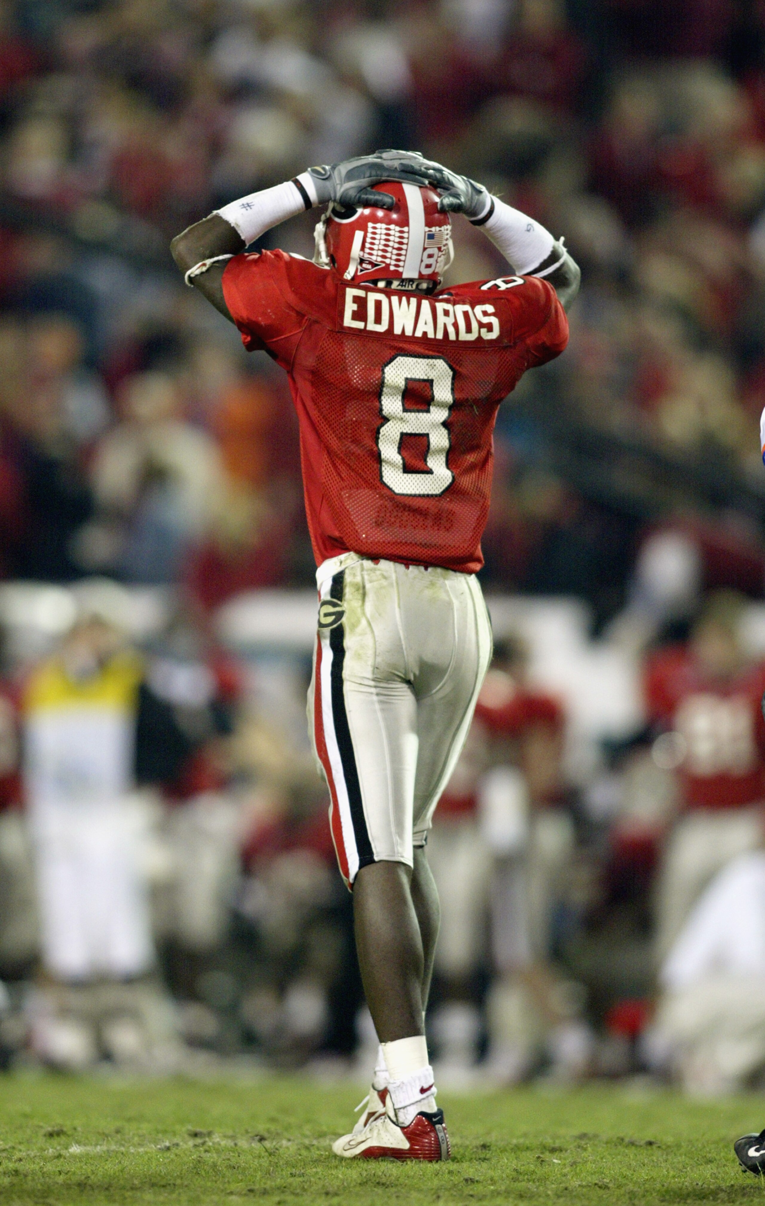 JACKSONVILLE, FL - NOVEMBER 2:  Terrence Edwards #8 of the University of Georgia reacts after dropping a pass late in the game during the game against the Universiy of Florida at Alltel Stadium on November 2, 2002 in Jacksonville, Florida.  Florida won 20