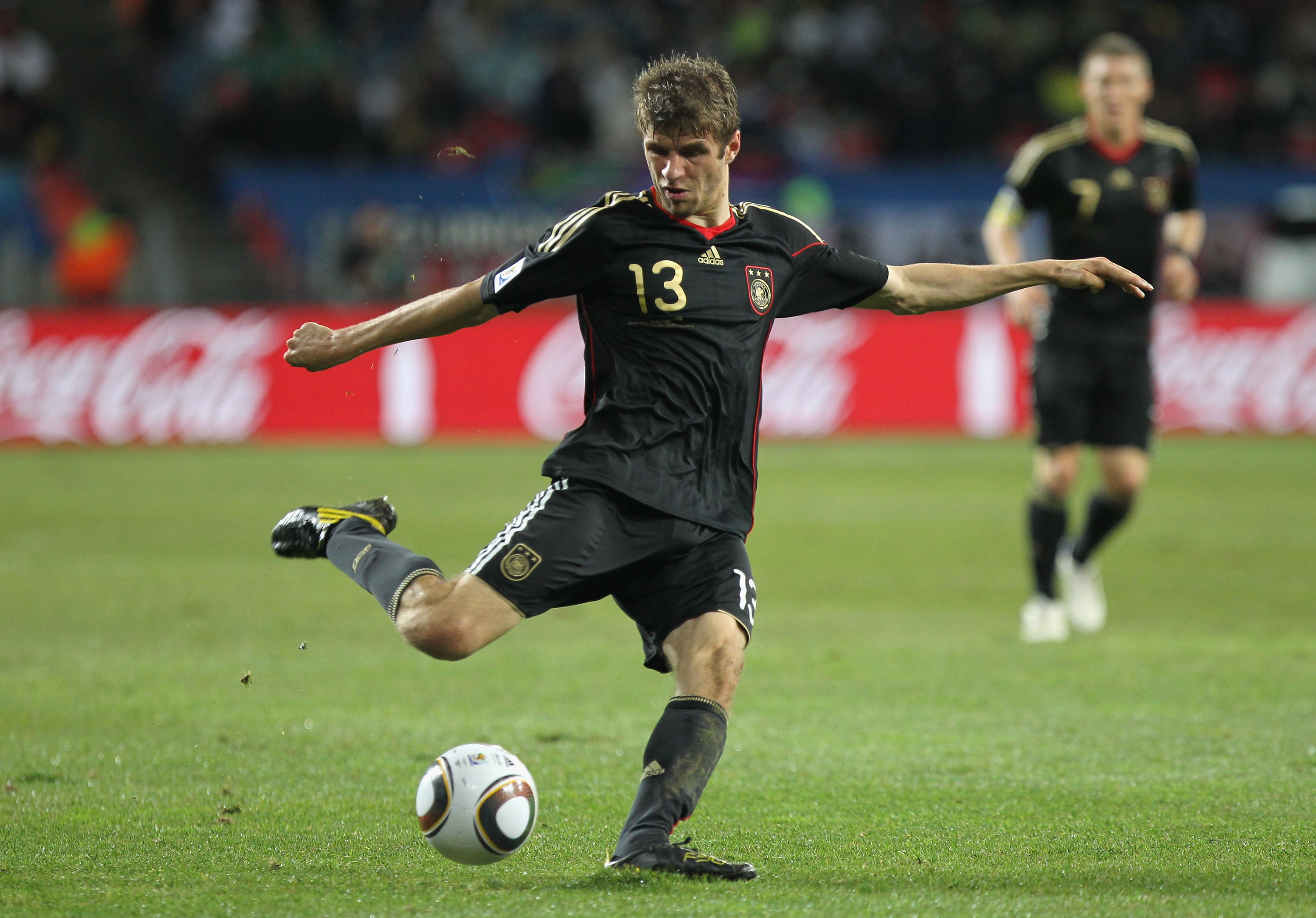 PORT ELIZABETH, SOUTH AFRICA - JULY 10:  Thomas Mueller of Germany in action during the 2010 FIFA World Cup South Africa Third Place Play-off match between Uruguay and Germany at The Nelson Mandela Bay Stadium on July 10, 2010 in Port Elizabeth, South Afr