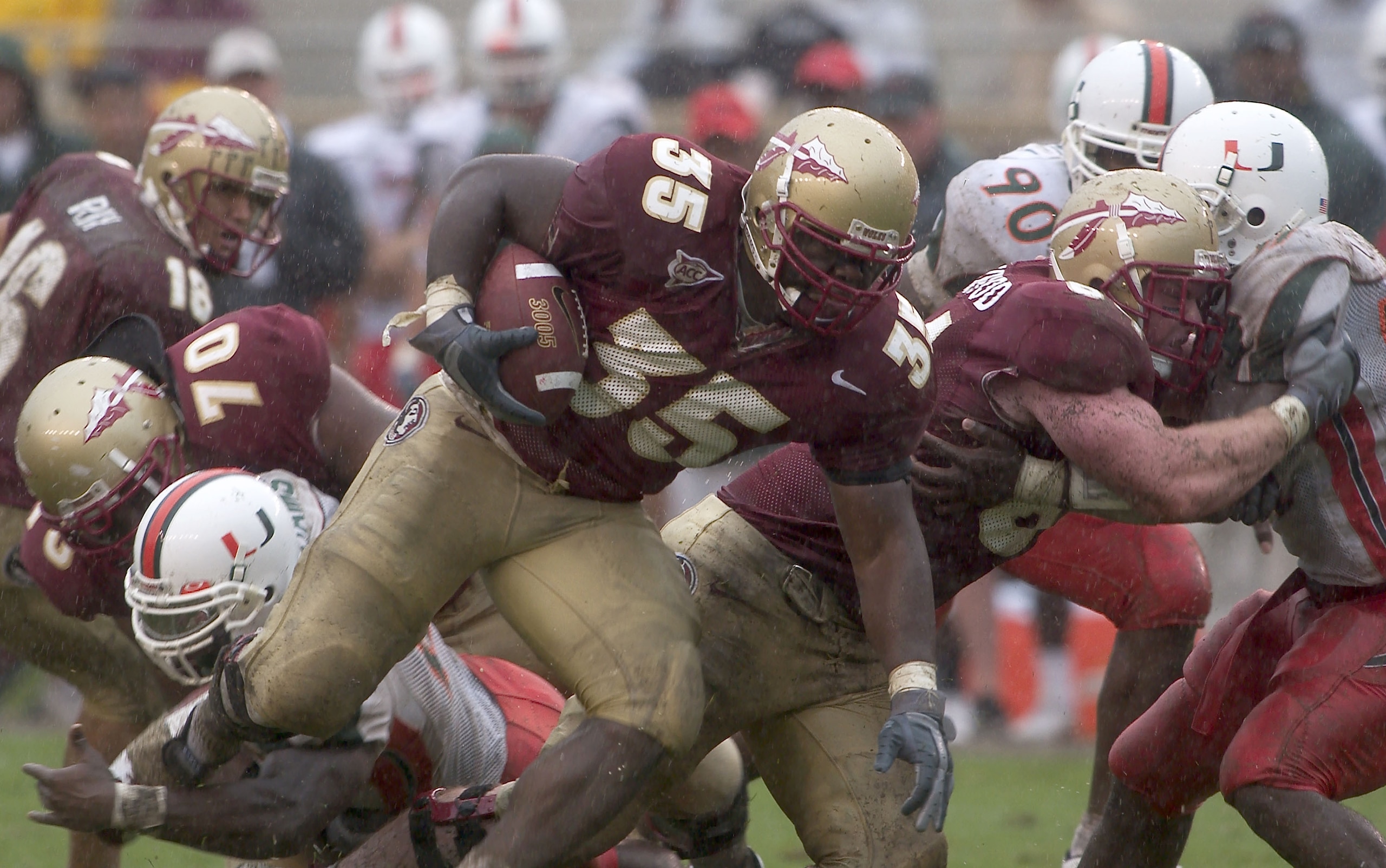 TALLAHASSEE, FL - OCTOBER 11: BJ Dean #36 of the Florida State Seminoles runs for a first down in the fourth quarter against the Miami Hurricanes at Doak Campbell Stadium on October 11, 2003 in Tallahassee, Florida. (Photo by Matt Stroshane/Getty Images TALLAHASSEE, FL - OCTOBER 11: BJ Dean #36 of the Florida State Seminoles runs for a first down in the fourth quarter against the Miami Hurricanes at Doak Campbell Stadium on October 11, 2003 in Tallahassee, Florida. (Photo by Matt Stroshane/Getty Images
