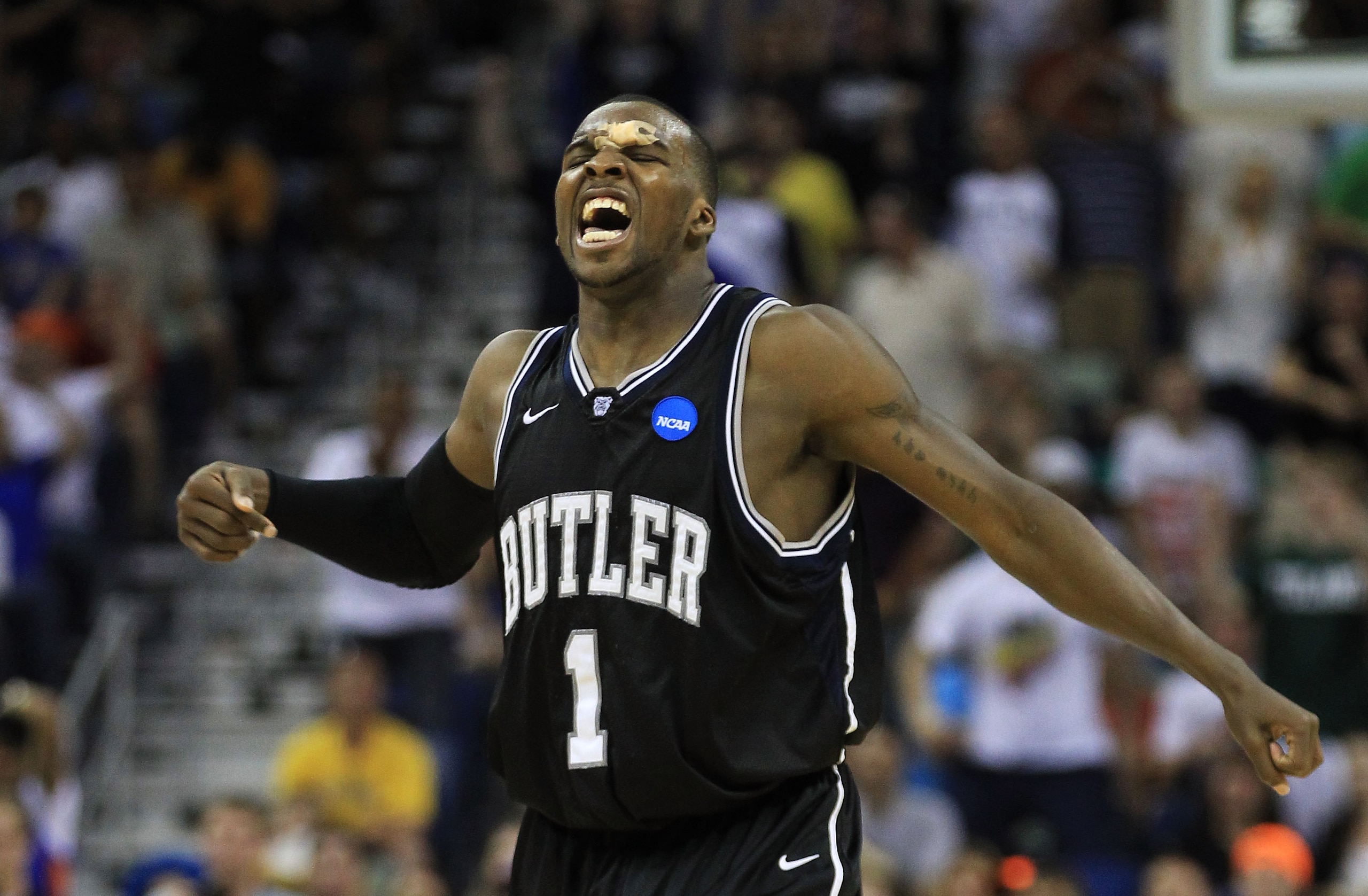 NEW ORLEANS, LA - MARCH 26:  Shelvin Mack #1 of the Butler Bulldogs reacts during their game against the Florida Gators in overtime of the Southeast regional final of the 2011 NCAA men's basketball tournament at New Orleans Arena on March 26, 2011 in New