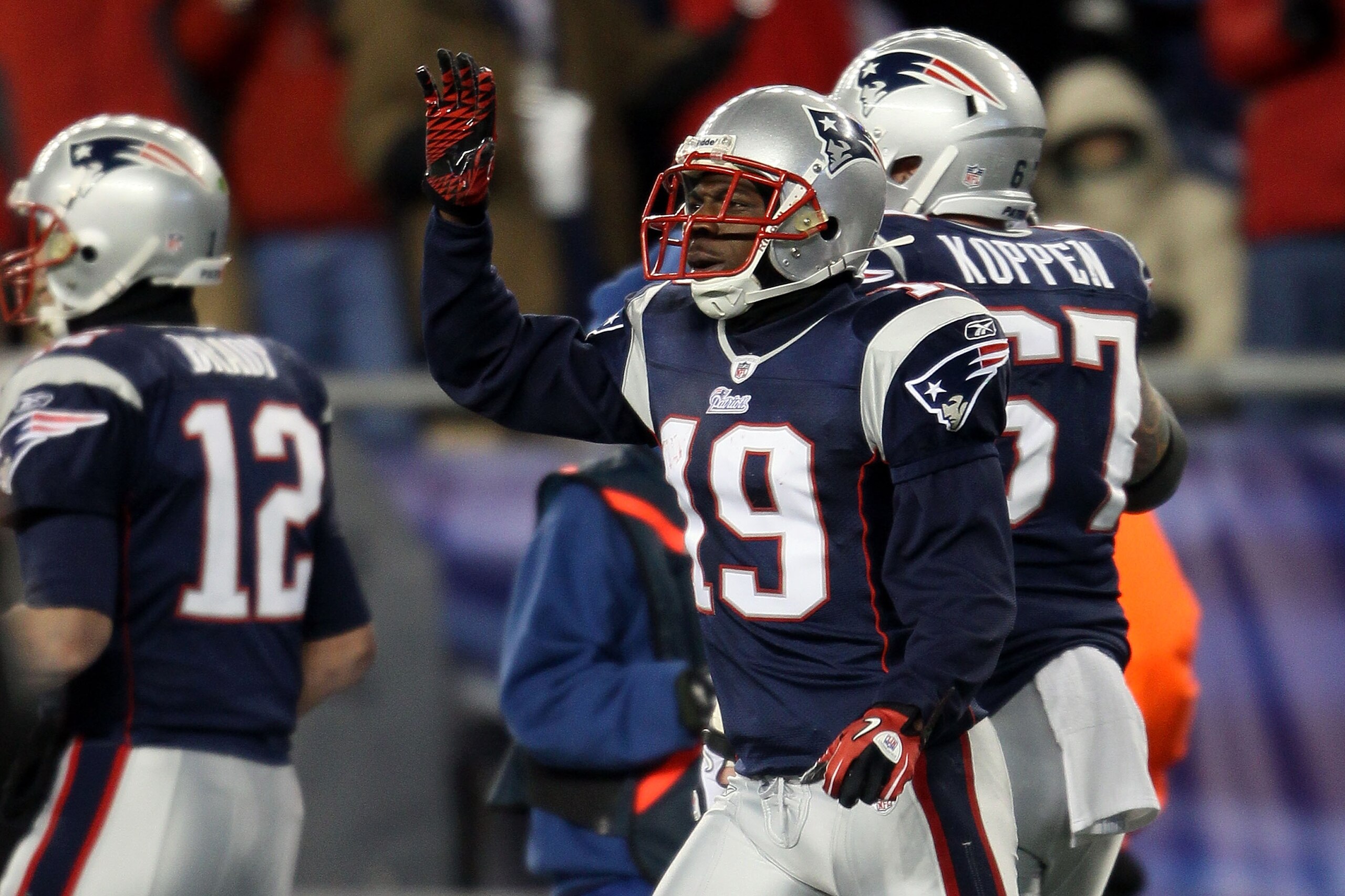 FOXBORO, MA - DECEMBER 06: Brandon Tate #19 of the New England Patriots reacts after he scored a 4-yard touchdown reception in the first quarter against the New York Jets at Gillette Stadium on December 6, 2010 in Foxboro, Massachusetts. (Photo by Elsa/ FOXBORO, MA - DECEMBER 06: Brandon Tate #19 of the New England Patriots reacts after he scored a 4-yard touchdown reception in the first quarter against the New York Jets at Gillette Stadium on December 6, 2010 in Foxboro, Massachusetts. (Photo by Elsa/