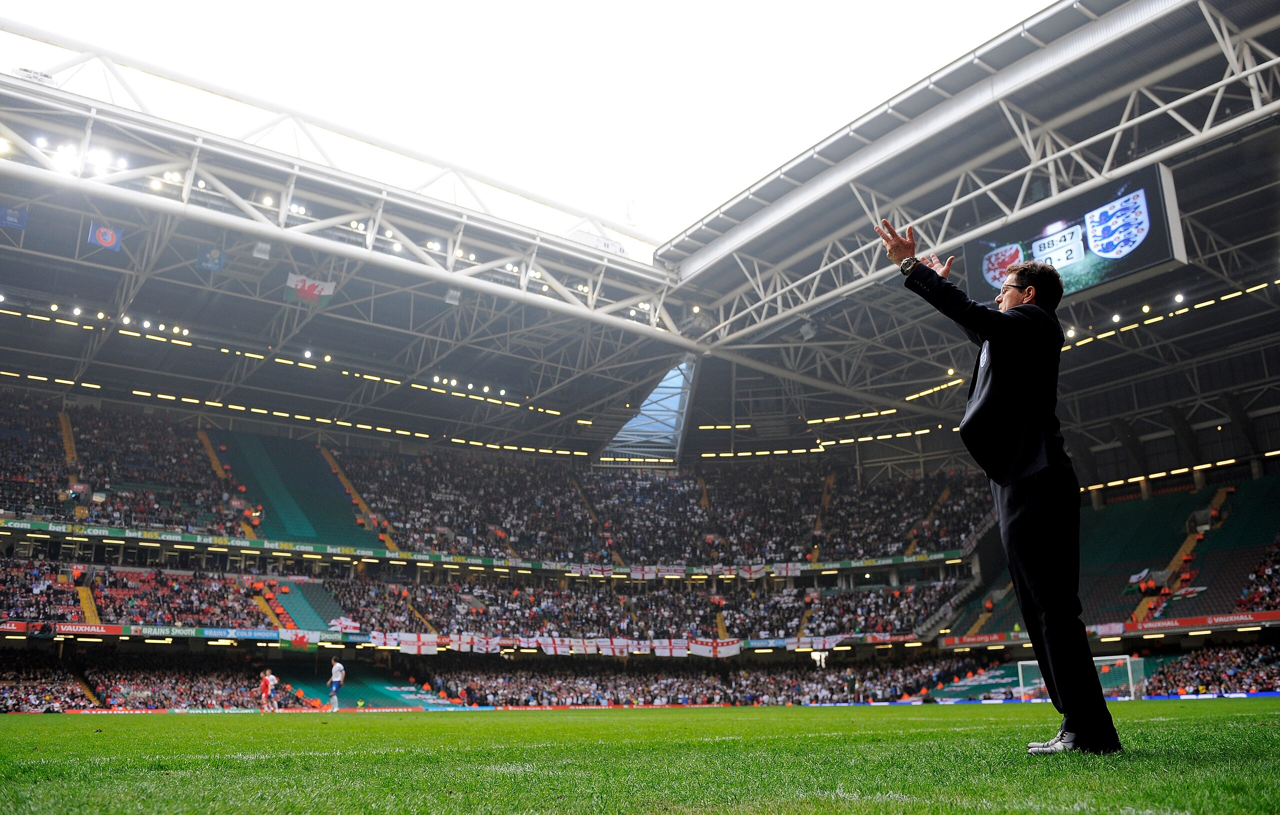 CARDIFF, WALES - MARCH 26:  England manager Fabio Capello gestures during the UEFA EURO 2012 Group G qualifying match between Wales and England at the Millennium Stadium on March 26, 2011 in Cardiff, Wales.  (Photo by Michael Regan/Getty Images)
