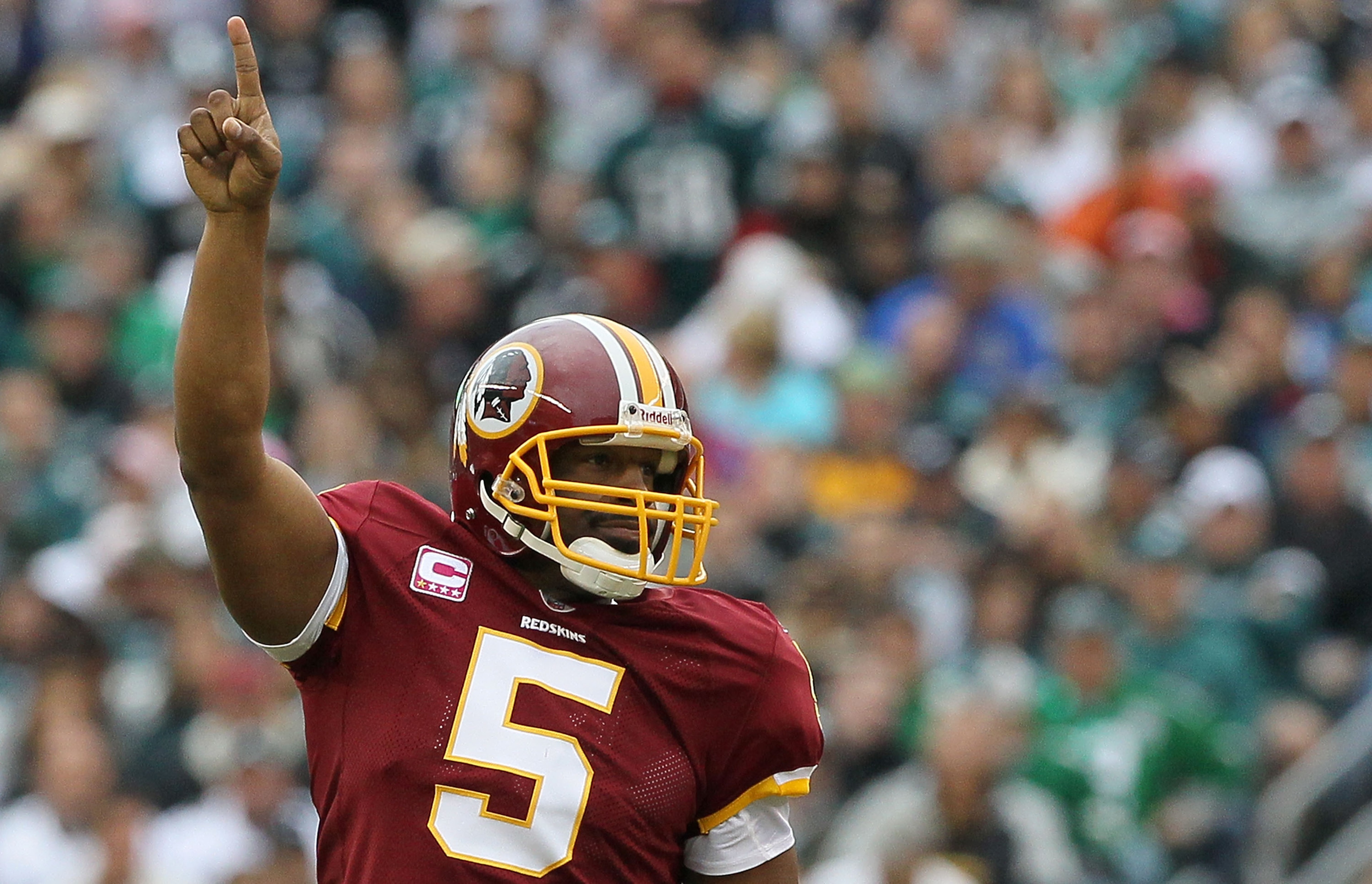 PHILADELPHIA - OCTOBER 03: Donovan McNabb #5 of the Washington Redskins celebrates after throwing a first quater touchdown pass against the Philadelphia Eagles on October 3, 2010 at Lincoln Financial Field in Philadelphia, Pennsylvania. (Photo by Jim Mc PHILADELPHIA - OCTOBER 03: Donovan McNabb #5 of the Washington Redskins celebrates after throwing a first quater touchdown pass against the Philadelphia Eagles on October 3, 2010 at Lincoln Financial Field in Philadelphia, Pennsylvania. (Photo by Jim Mc