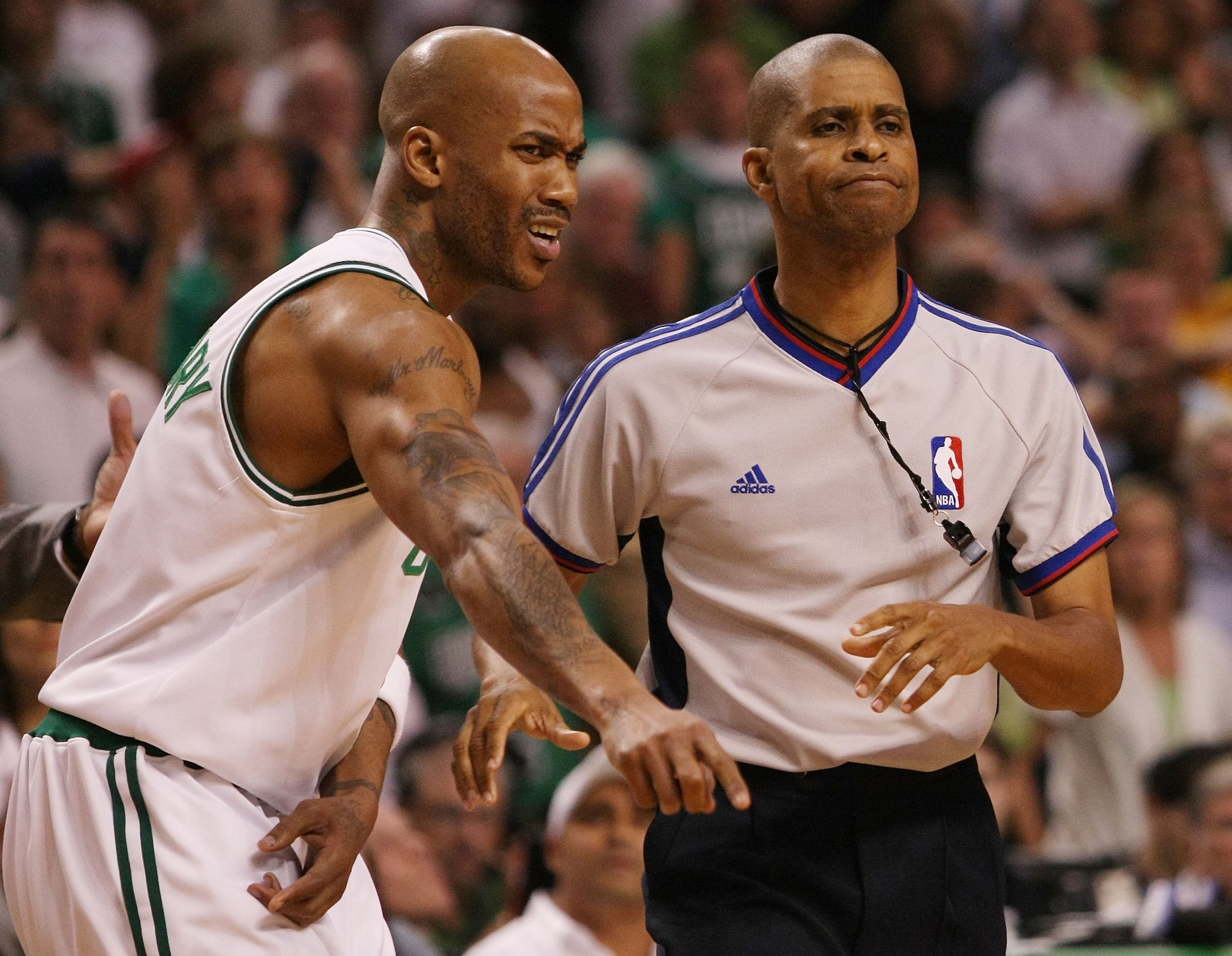 BOSTON - APRIL 28:  Stephon Marbury #8 of the Boston Celtics tries to discuss a call with referee Sean Corbin in Game Five of the Eastern Conference Quarterfinals against the Chicago Bulls during the 2009 NBA Playoffs at TD Banknorth Garden on April 28, 2