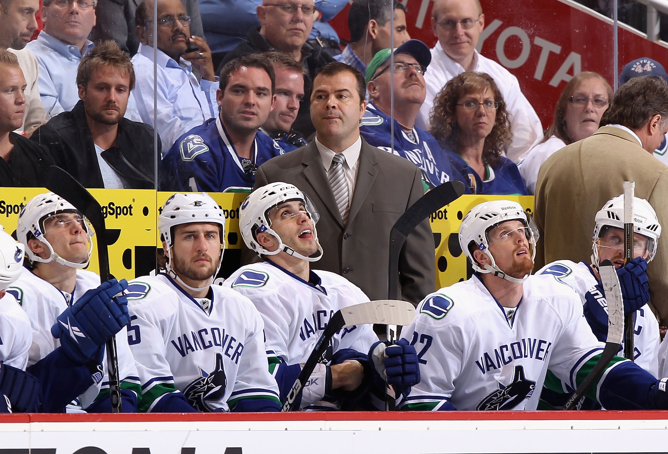GLENDALE, AZ - MARCH 08:  Head coach Alain Vigneault of the Vancouver Canucks during the NHL game against the Phoenix Coyotes at Jobing.com Arena on March 8, 2011 in Glendale, Arizona. The Canucks defeated the Coyotes 4-3 in overtime.  (Photo by Christian