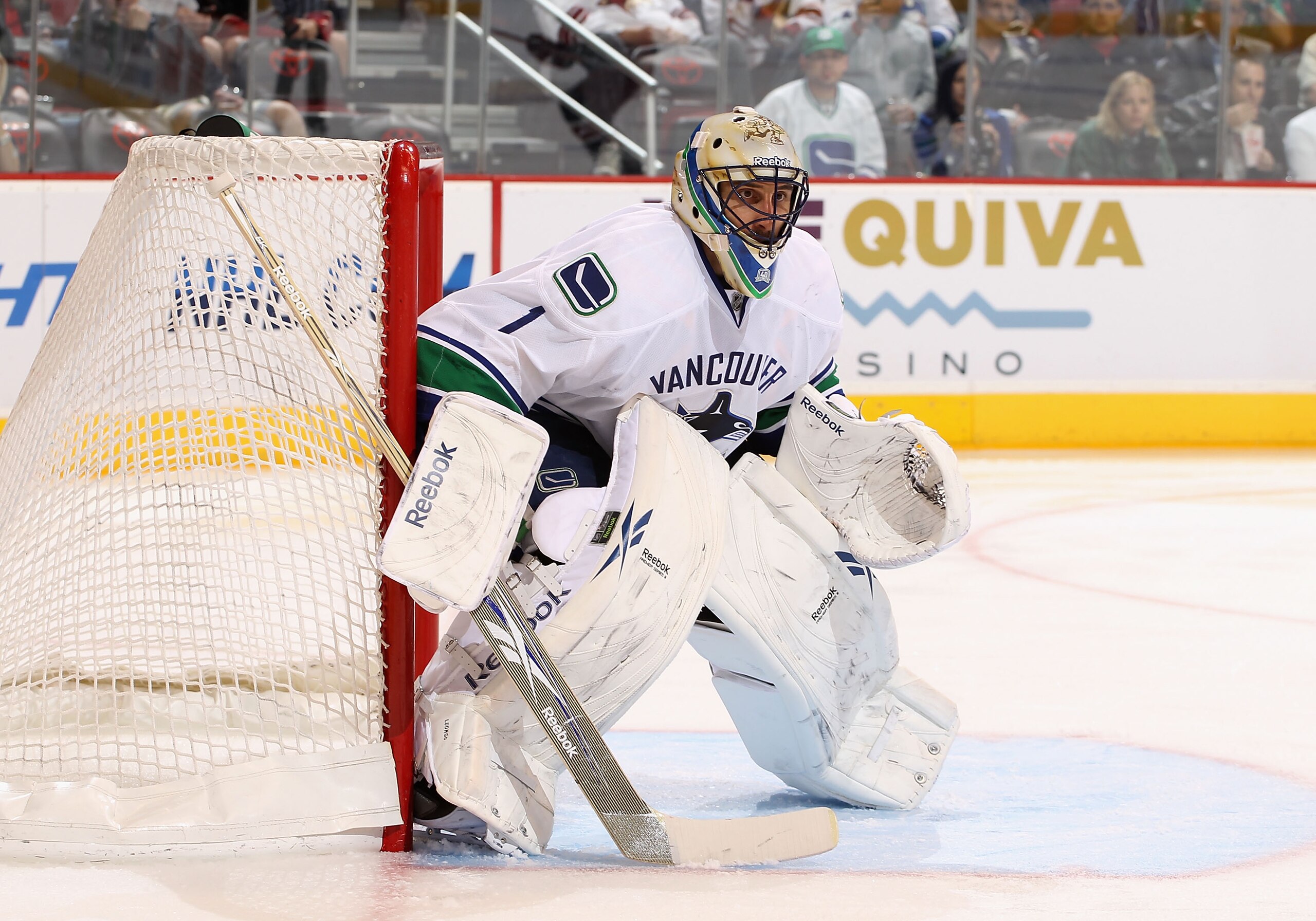 GLENDALE, AZ - MARCH 08:  Goaltender Roberto Luongo #1 of the Vancouver Canucks in action during the NHL game against the Phoenix Coyotes at Jobing.com Arena on March 8, 2011 in Glendale, Arizona. The Canucks defeated the Coyotes 4-3 in overtime.  (Photo