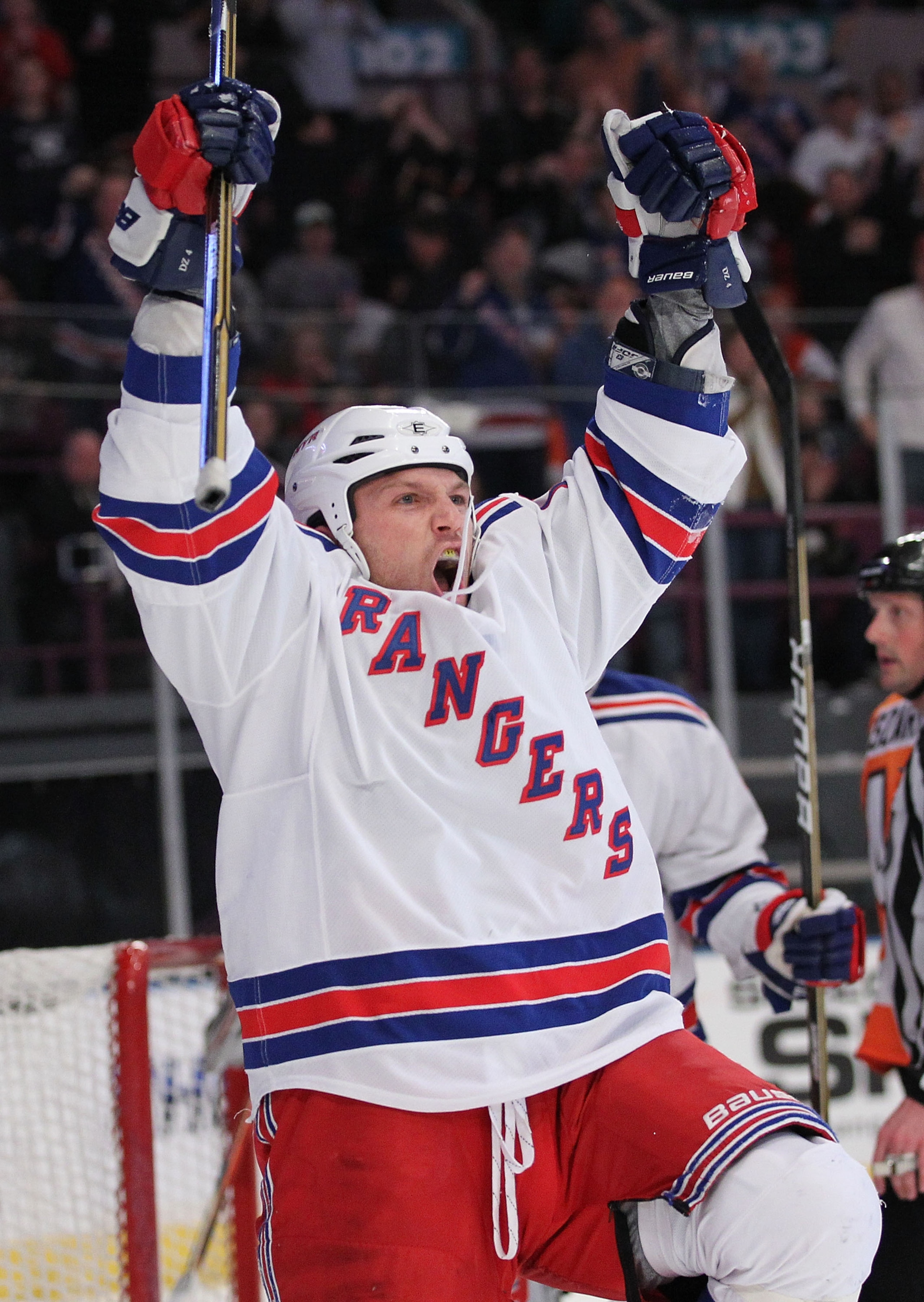 NEW YORK - MARCH 06:  Sean Avery #16 of the New York Rangers celebrates a goal that was called back against the Philadelphia Flyers during their game on March 6, 2011 at Madison Square Garden in New York City, New York.  (Photo by Al Bello/Getty Images)