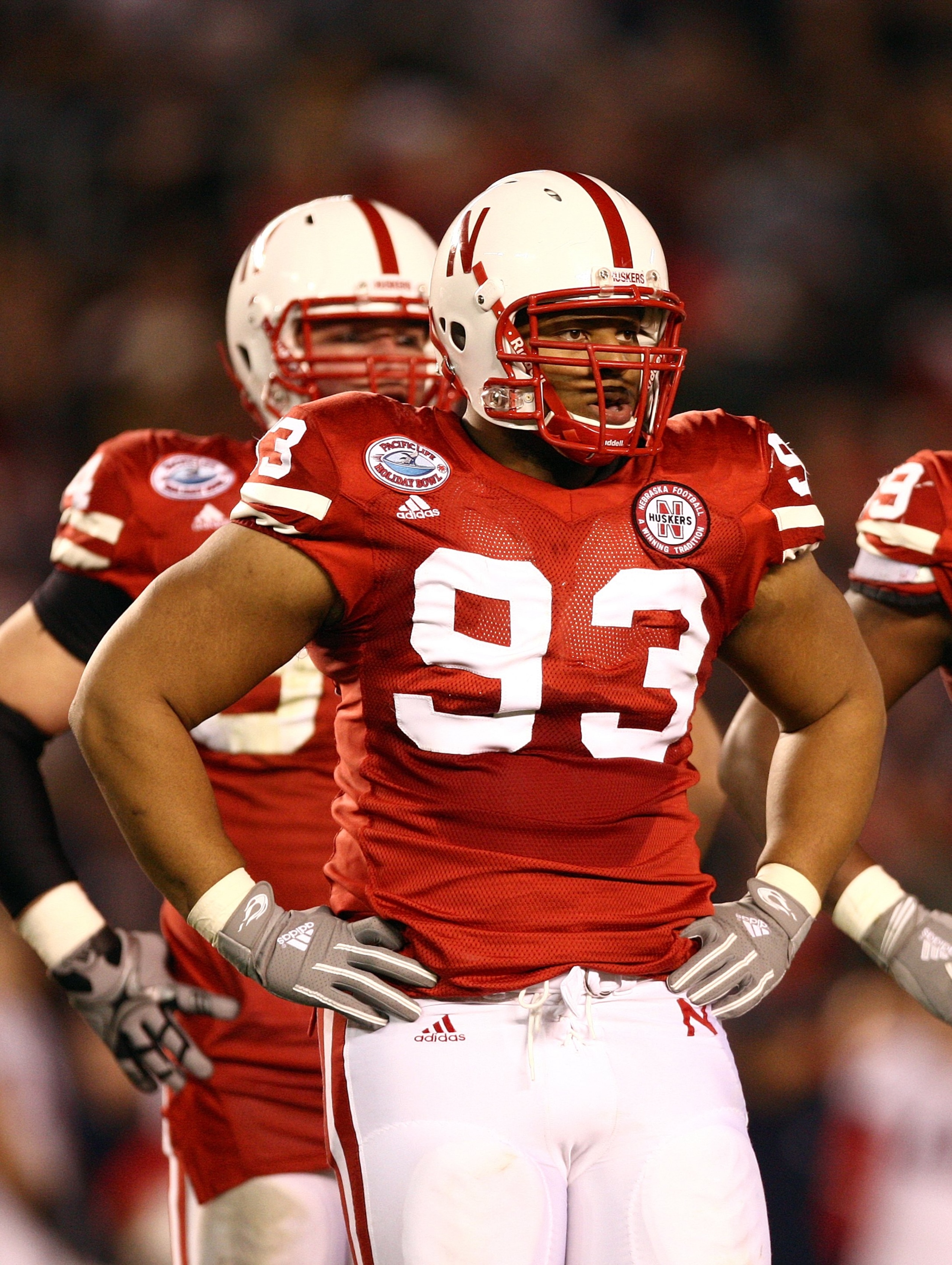 SAN DIEGO - DECEMBER 30:  Ndamukong Suh #93 of the University of Nebraska Cornhuskers looks on during a break in game action in the Pacific Life Holiday Bowl against University of Arizona Wildcats on December 30, 2009 at Qualcomm Stadium in San Diego, Cal