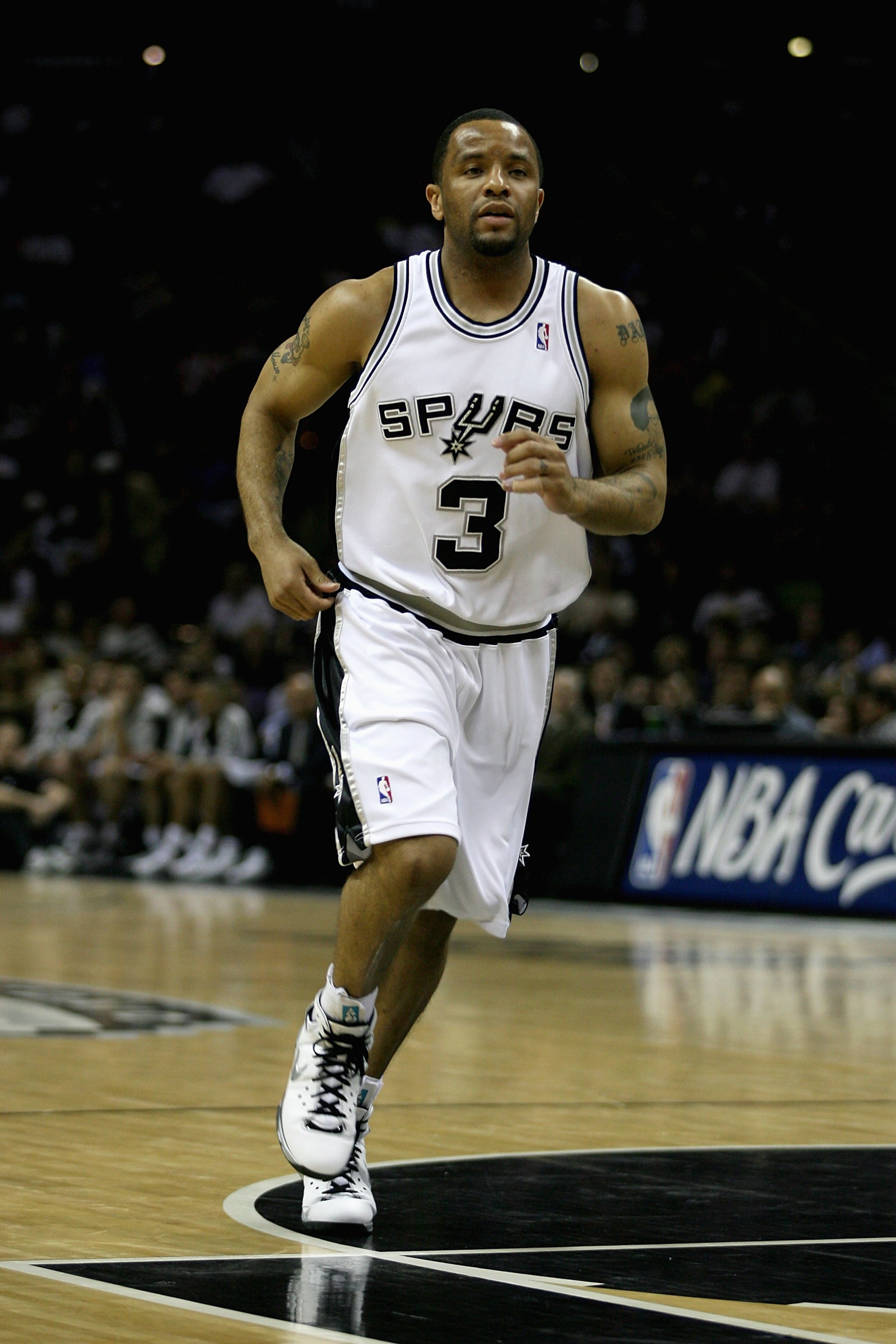 SAN ANTONIO - MAY 11:  Damon Stoudamire #3 of the San Antonio Spurs runs upcourt in Game Four of the Western Conference Semifinals against the New Orleans Hornets during the 2008 NBA Playoffs on May 11, 2008 at the AT&T Center in San Antonio, Texas.  The