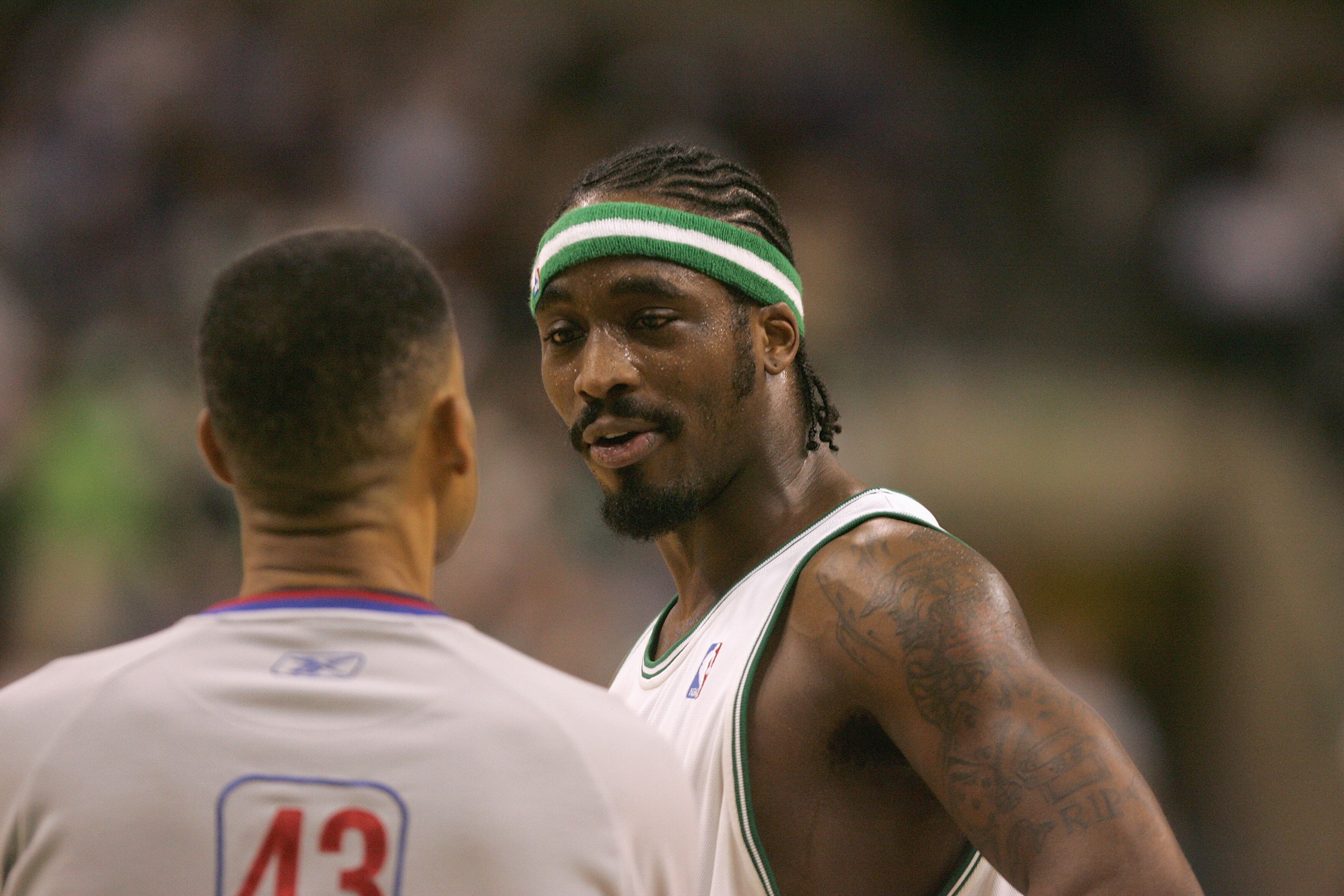 BOSTON - MAY 7:  Ricky Davis #12 of the Boston Celtics talks to referee Dan Crawford during the game against the Indiana Pacers in Game seven of the Eastern Conference Quarterfinals during the 2005 NBA Playoffs at the FleetCenter on May 7, 2005 in Boston,