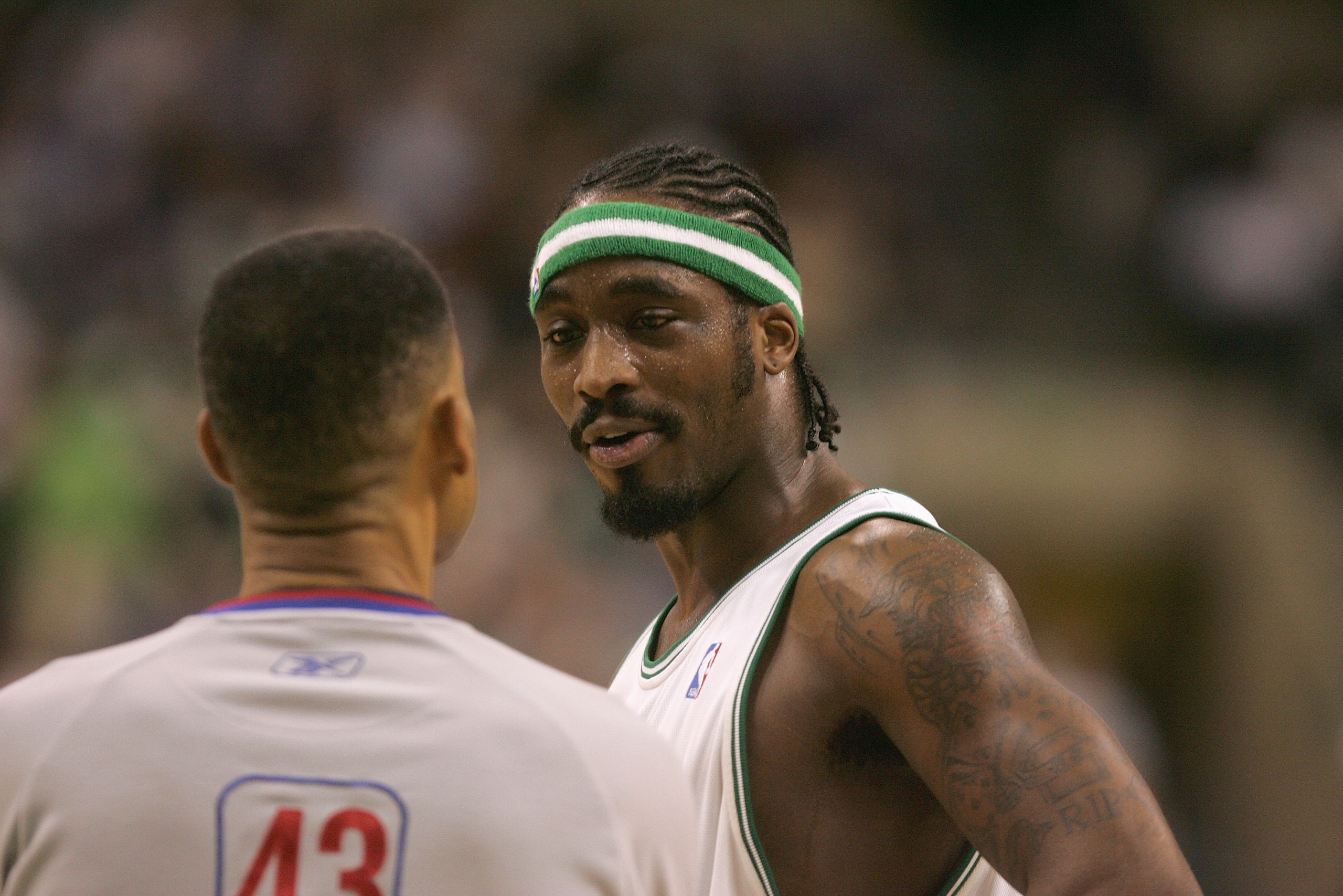 BOSTON - MAY 7:  Ricky Davis #12 of the Boston Celtics talks to referee Dan Crawford during the game against the Indiana Pacers in Game seven of the Eastern Conference Quarterfinals during the 2005 NBA Playoffs at the FleetCenter on May 7, 2005 in Boston,