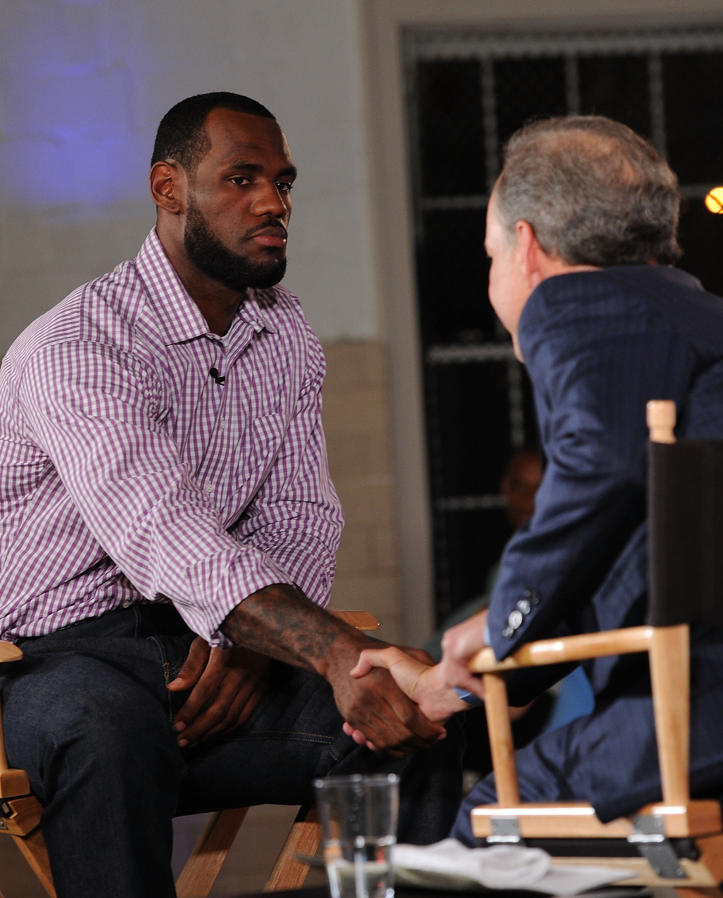 GREENWICH, CT - JULY 08:  LeBron James and ESPN's Jim Gray speak at the LeBron James announcement of his future NBA plans at the  Boys & Girls Club of America on July 8, 2010 in Greenwich, Connecticut. James announced during a live broadcast on ESPN that