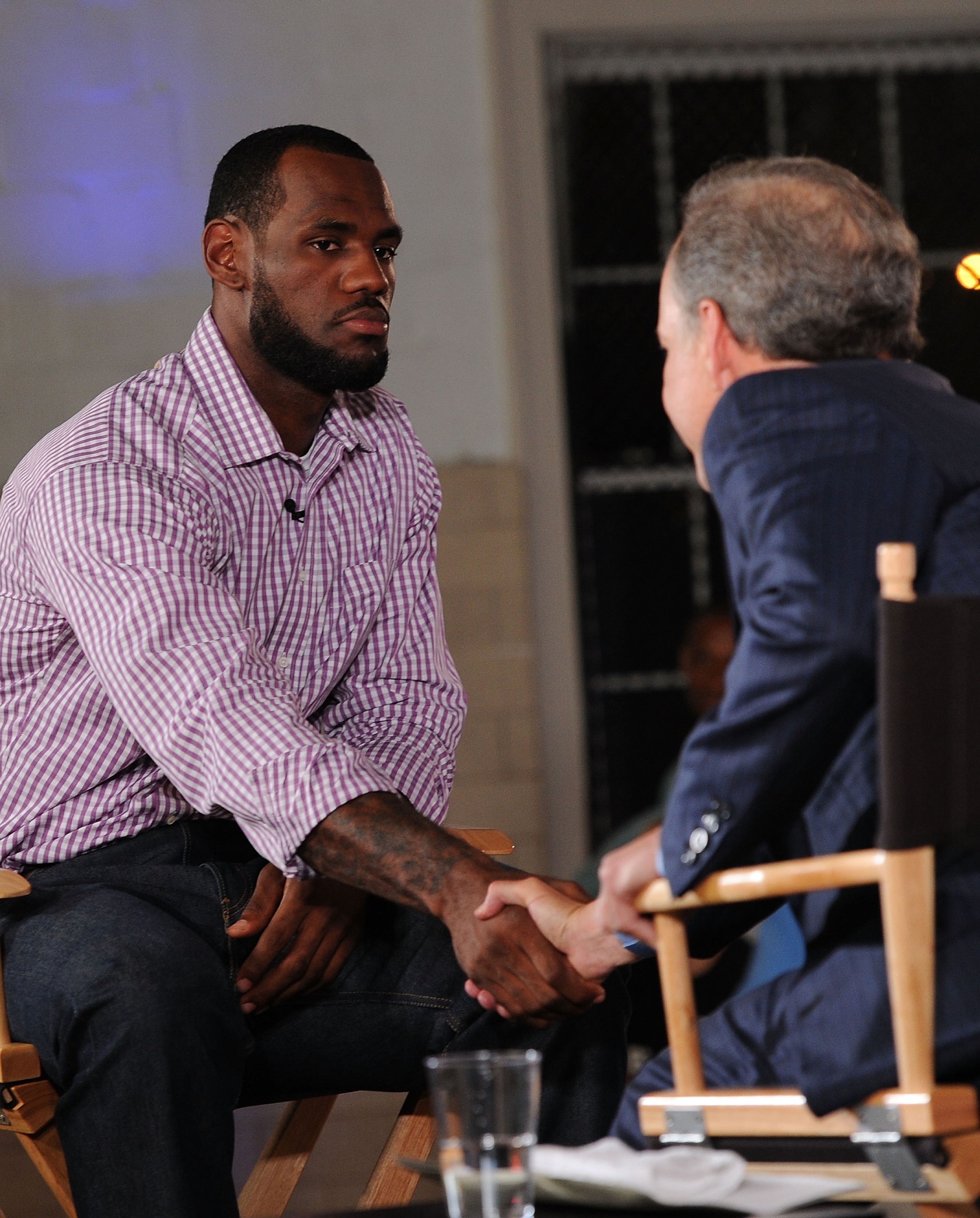 GREENWICH, CT - JULY 08:  LeBron James and ESPN's Jim Gray speak at the LeBron James announcement of his future NBA plans at the  Boys & Girls Club of America on July 8, 2010 in Greenwich, Connecticut. James announced during a live broadcast on ESPN that
