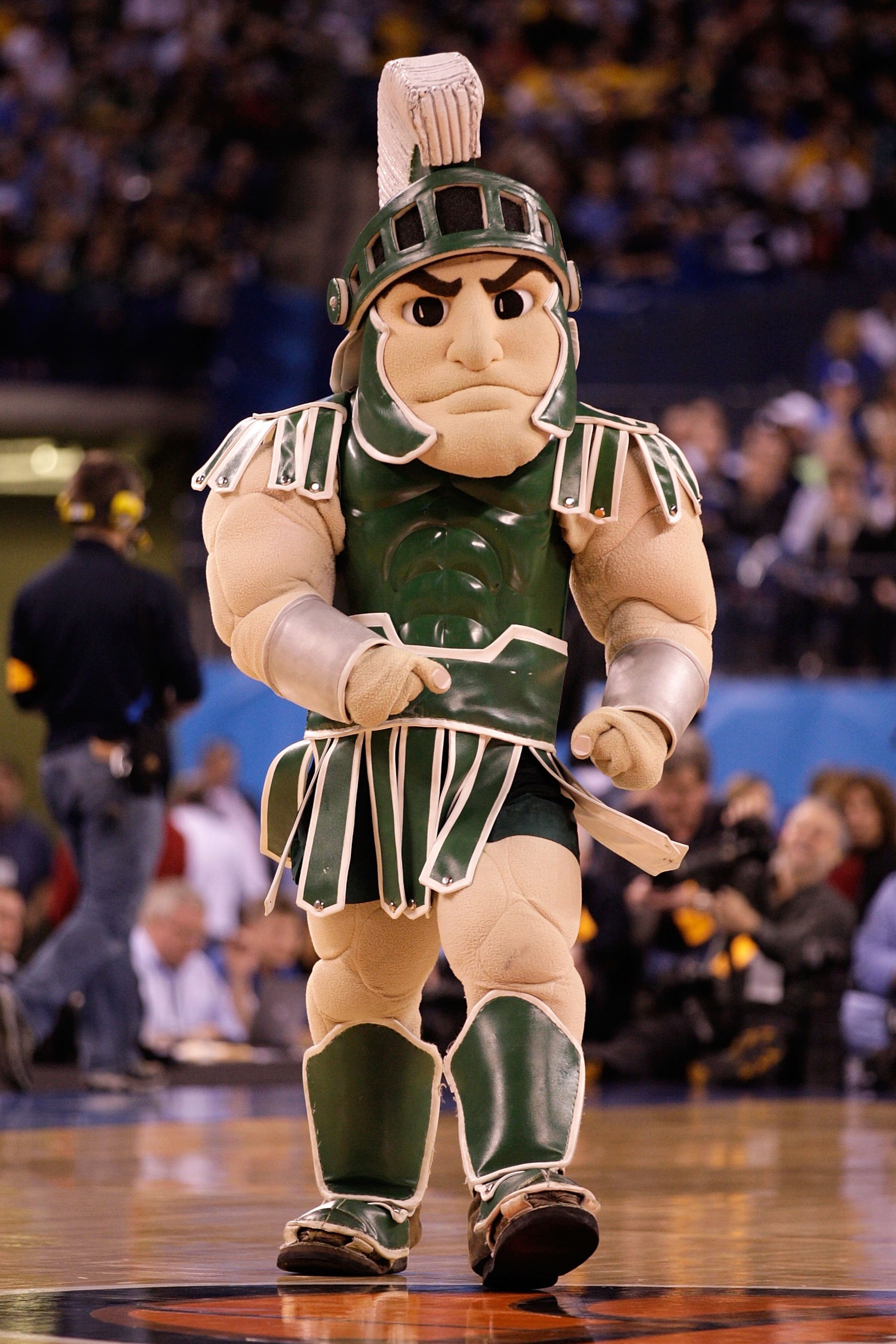 INDIANAPOLIS - APRIL 03:  Sparty, the mascot of the Michigan State Spartans, performs on the court before the Spartans take on the Butler Bulldogs during the National Semifinal game of the 2010 NCAA Division I Men's Basketball Championship on April 3, 201