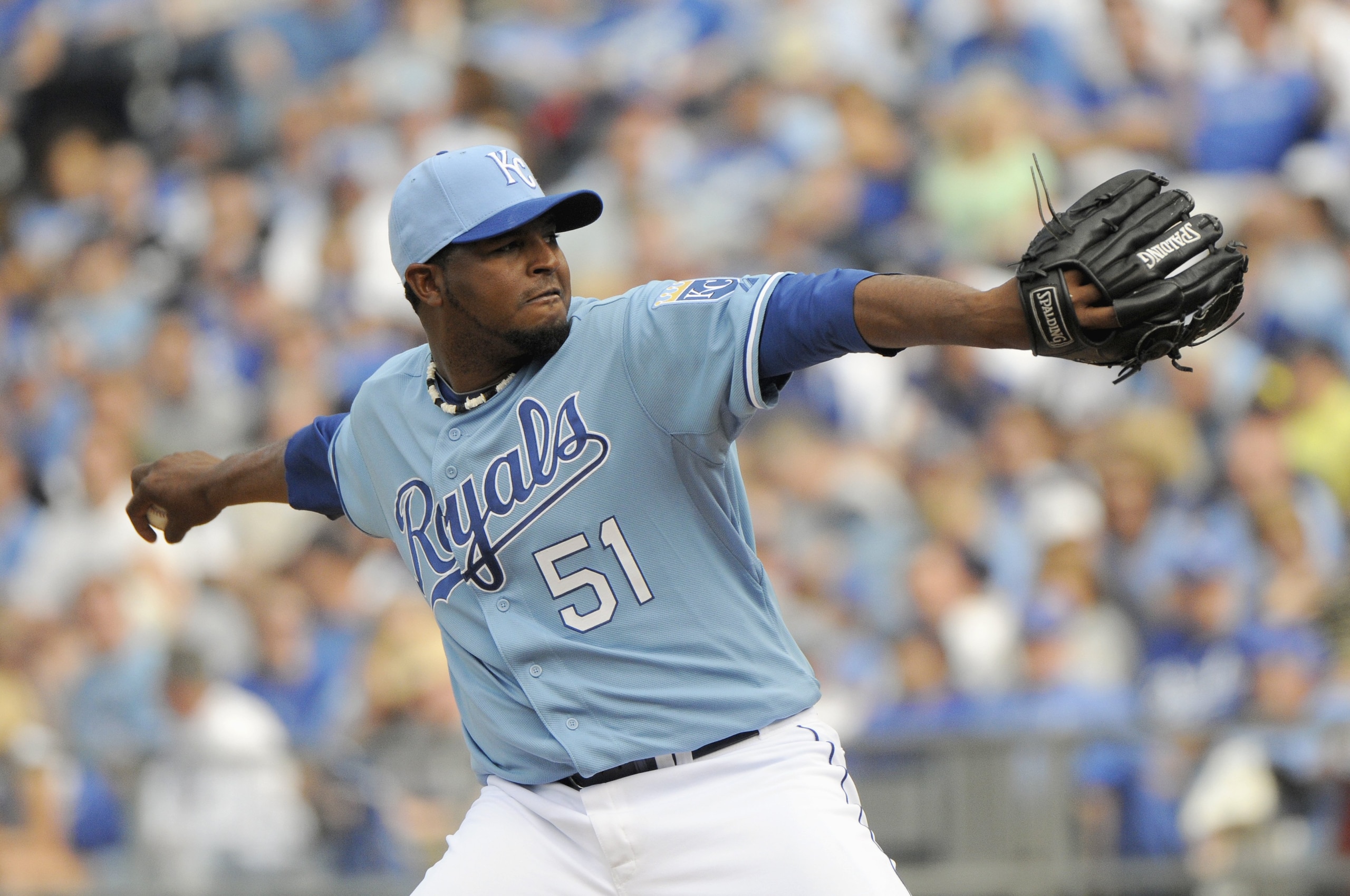KANSAS CITY, MO - APRIL 05: Robinson Tejeda #51 of the Kansas City Royals delivers a pitch during the season opener game against the Detroit Tigers on April 5, 2010 at Kauffman Stadium in Kansas City, Missouri. (Photo by G. Newman Lowrance/Getty Images) KANSAS CITY, MO - APRIL 05: Robinson Tejeda #51 of the Kansas City Royals delivers a pitch during the season opener game against the Detroit Tigers on April 5, 2010 at Kauffman Stadium in Kansas City, Missouri. (Photo by G. Newman Lowrance/Getty Images)
