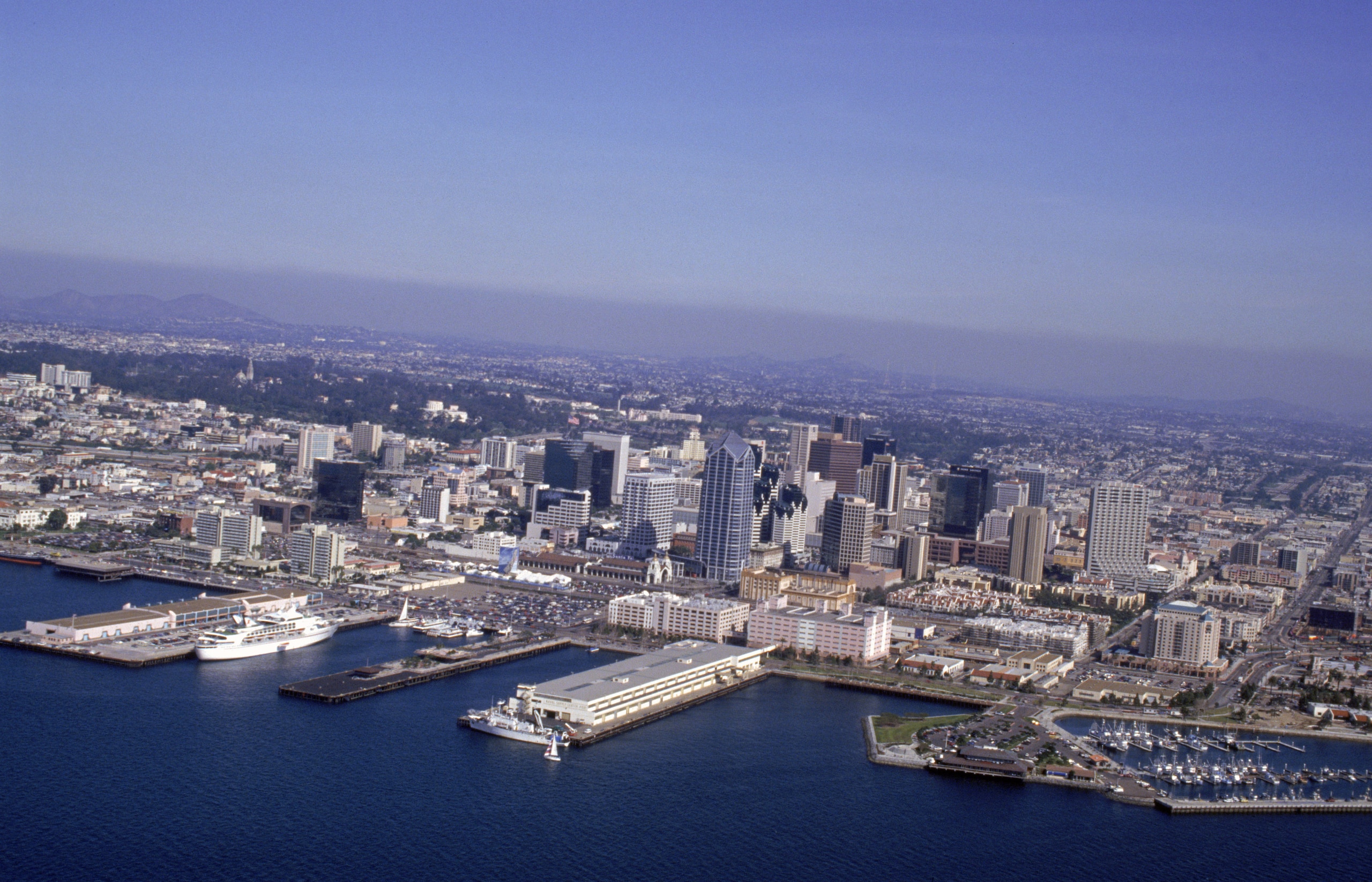 SAN DIEGO - FEBRUARY 20: General view of downtown San Diego: the host city for the 1992 America's Cup class world championships shot on February 20, 1992. (Photo by Ken Levine /Getty Images) SAN DIEGO - FEBRUARY 20: General view of downtown San Diego: the host city for the 1992 America's Cup class world championships shot on February 20, 1992. (Photo by Ken Levine /Getty Images)