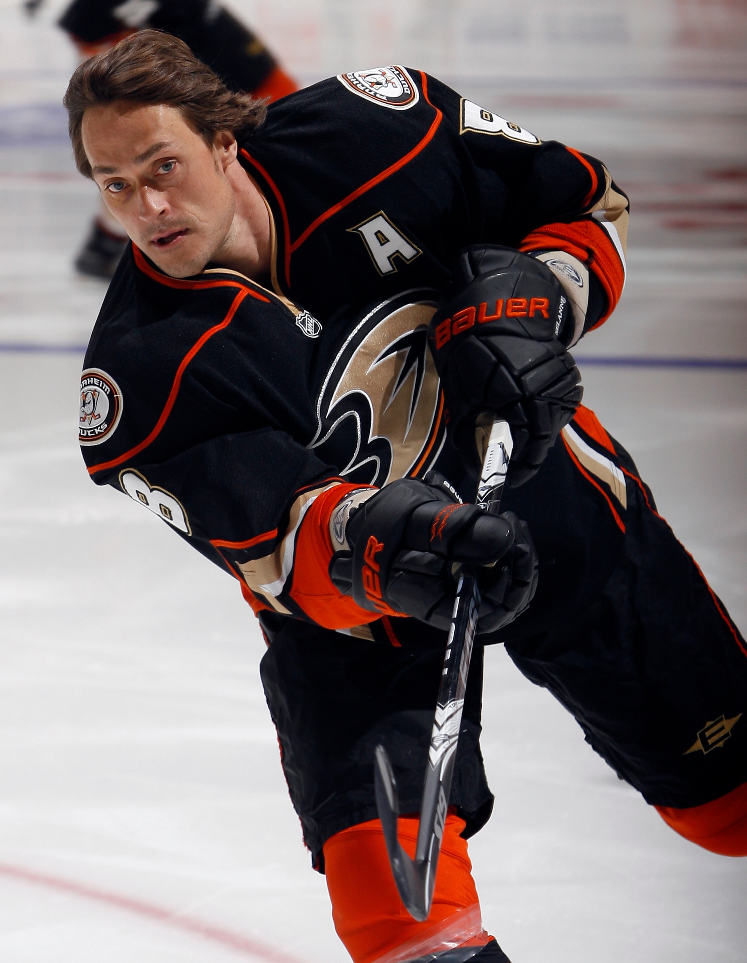 TORONTO, CANADA - JANUARY 20: Teemu Selanne #8 of the Anaheim Ducks shoots during warmup before game action at the Air Canada Centre against the Toronto Maple Leafs January 20, 2011 in Toronto, Ontario, Canada. (Photo by Abelimages/Getty Images)