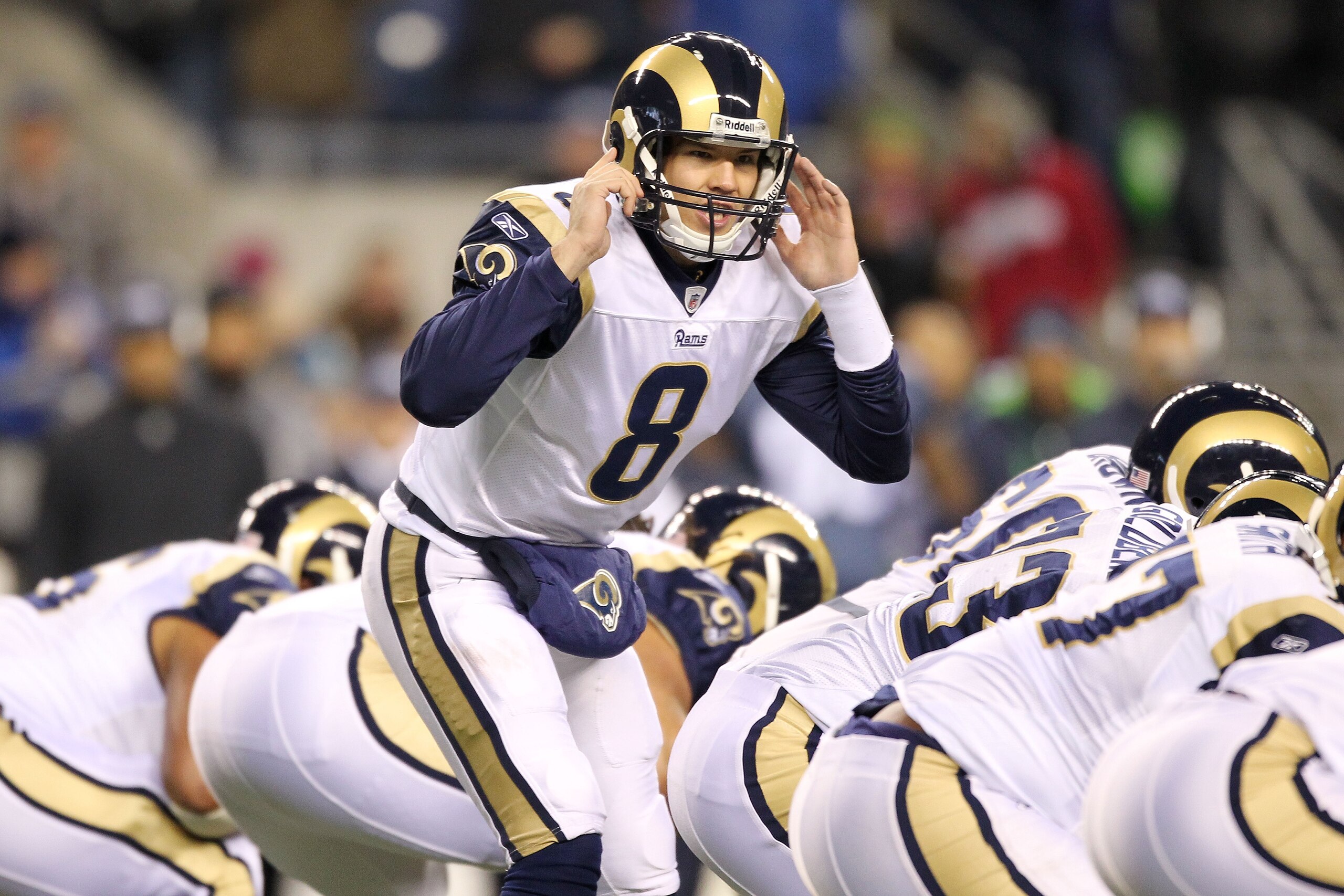 SEATTLE, WA - JANUARY 02: Quarterback Sam Bradford #8 of the St. Louis Rams signals to his teammates during their game against the Seattle Seahawks at Qwest Field on January 2, 2011 in Seattle, Washington. (Photo by Otto Greule Jr/Getty Images) SEATTLE, WA - JANUARY 02: Quarterback Sam Bradford #8 of the St. Louis Rams signals to his teammates during their game against the Seattle Seahawks at Qwest Field on January 2, 2011 in Seattle, Washington. (Photo by Otto Greule Jr/Getty Images)