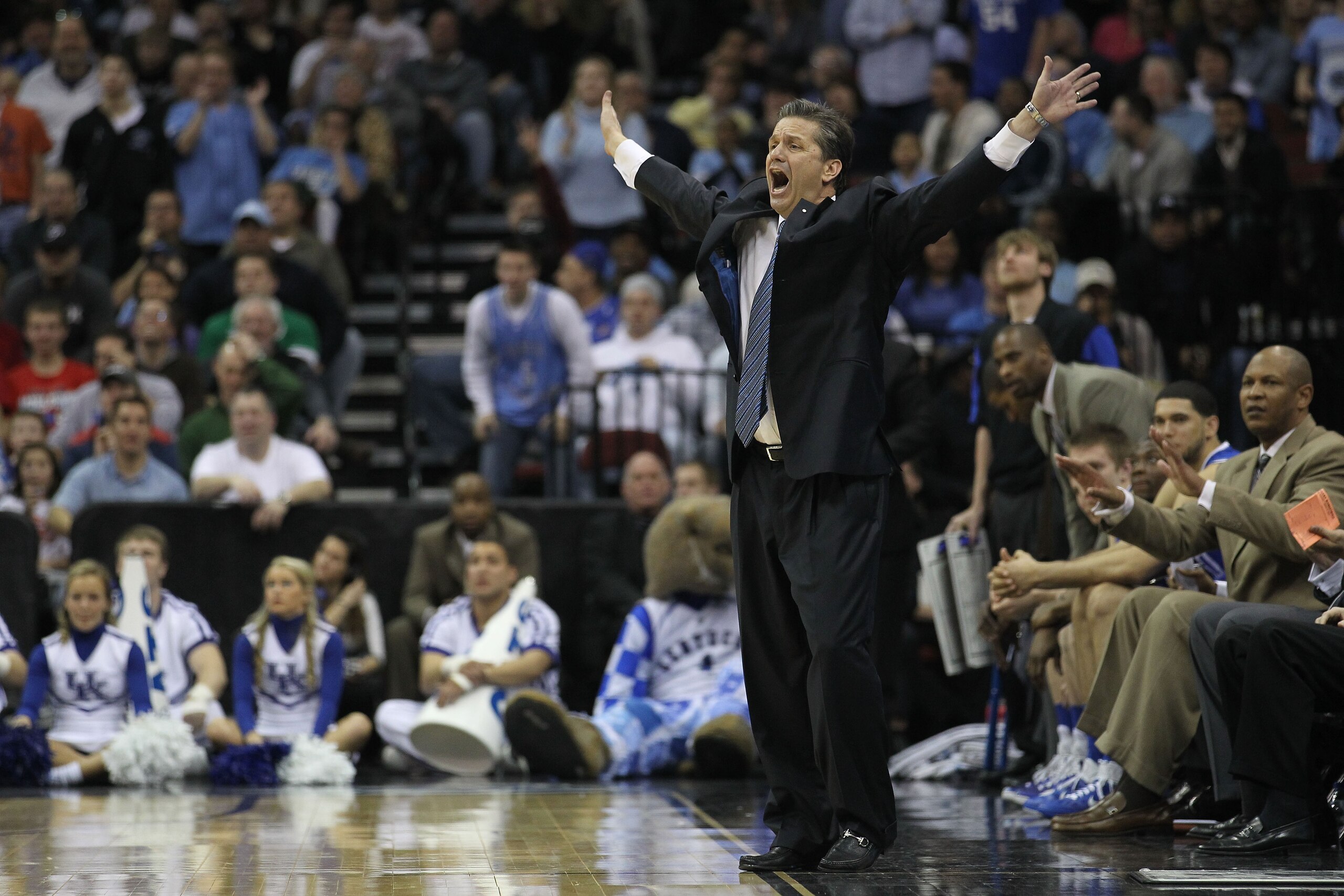 NEWARK, NJ - MARCH 27:  Head coach John Calipari of the Kentucky Wildcats reacts after a play against the North Carolina Tar Heels during the first half of the east regional final of the 2011 NCAA men's basketball tournament at Prudential Center on March