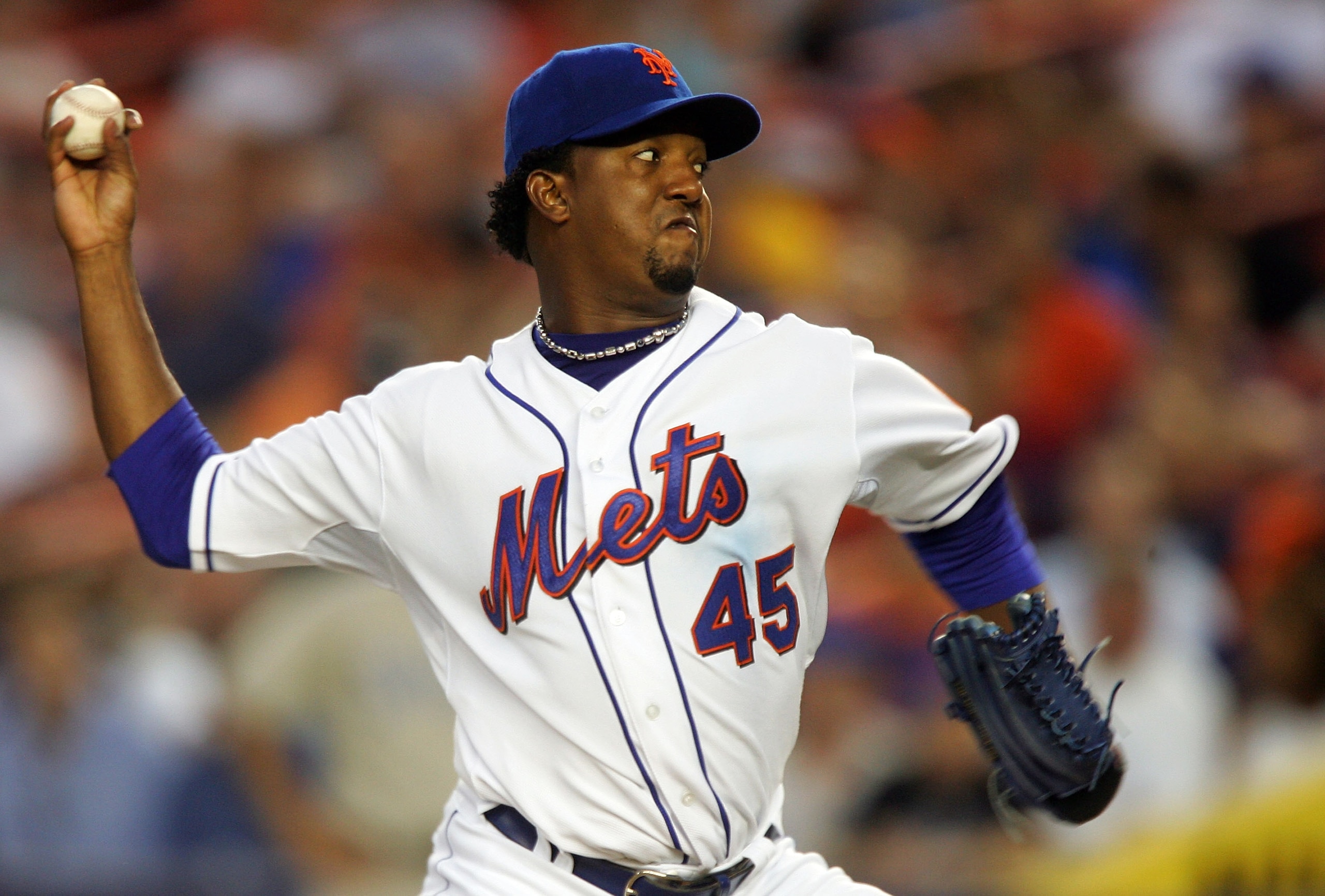 NEW YORK - AUGUST 06:  Pedro Martinez #45 of the New York Mets deals a pitch against the San Diego Padres on August 6, 2008 at Shea Stadium in the Flushing neighborhood of the Queens borough of New York City.  (Photo by Jim McIsaac/Getty Images)