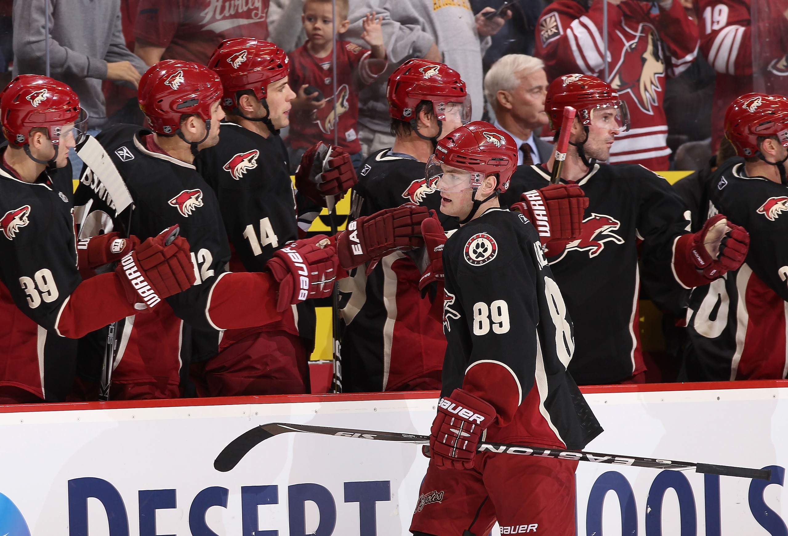 GLENDALE, AZ - MARCH 24:  Mikkel Boedker #89 of the Phoenix Coyotes celebrates with teammates after scoring against the Columbus Blue Jackets during the NHL game at Jobing.com Arena on March 24, 2011 in Glendale, Arizona.  The Coyotes defeated the Blue Ja