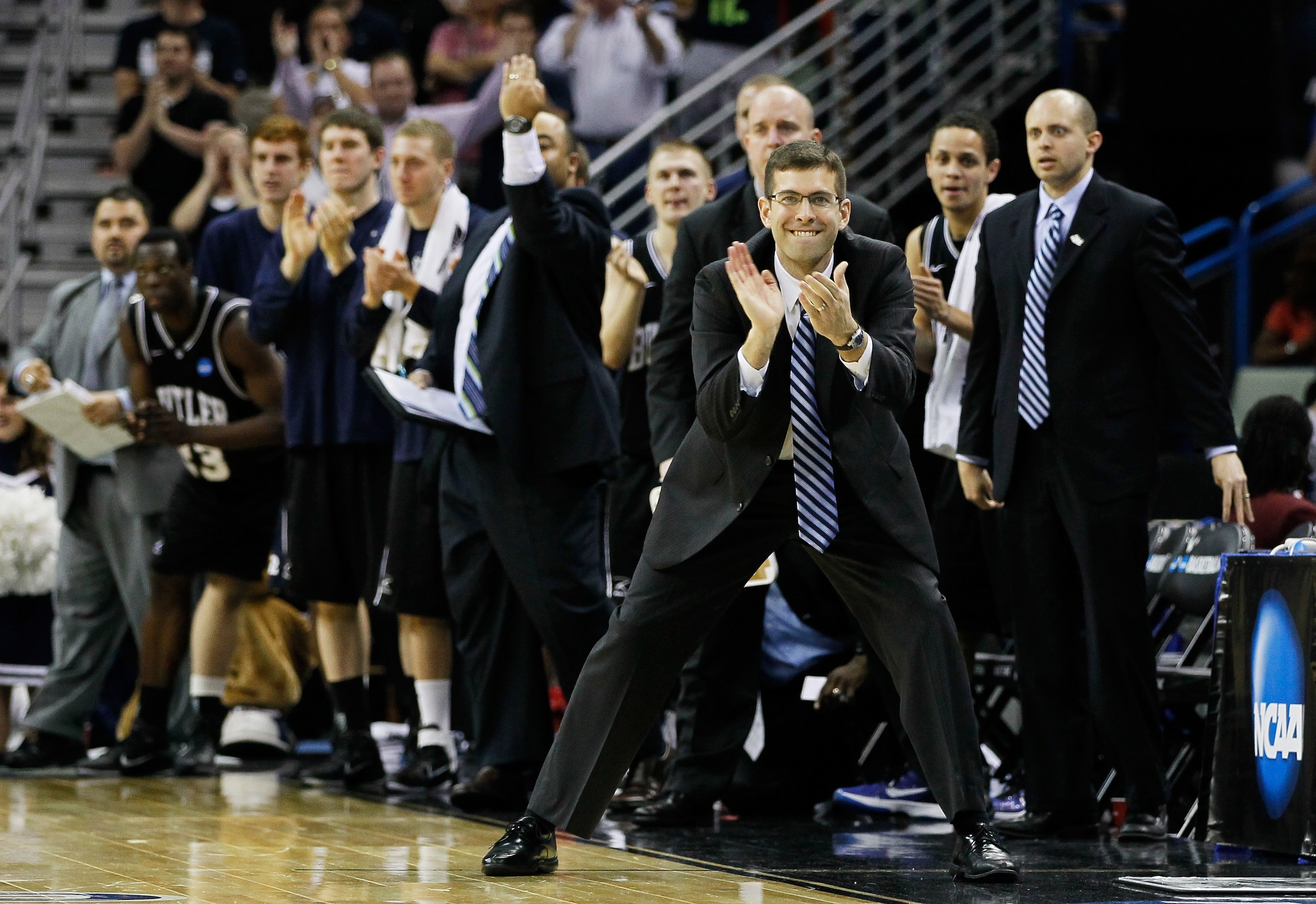 NEW ORLEANS, LA - MARCH 26:  Head coach Brad Stevens of the Butler Bulldogs reacts during overtime against the Florida Gators in the Southeast regional final of the 2011 NCAA men's basketball tournament at New Orleans Arena on March 26, 2011 in New Orlean