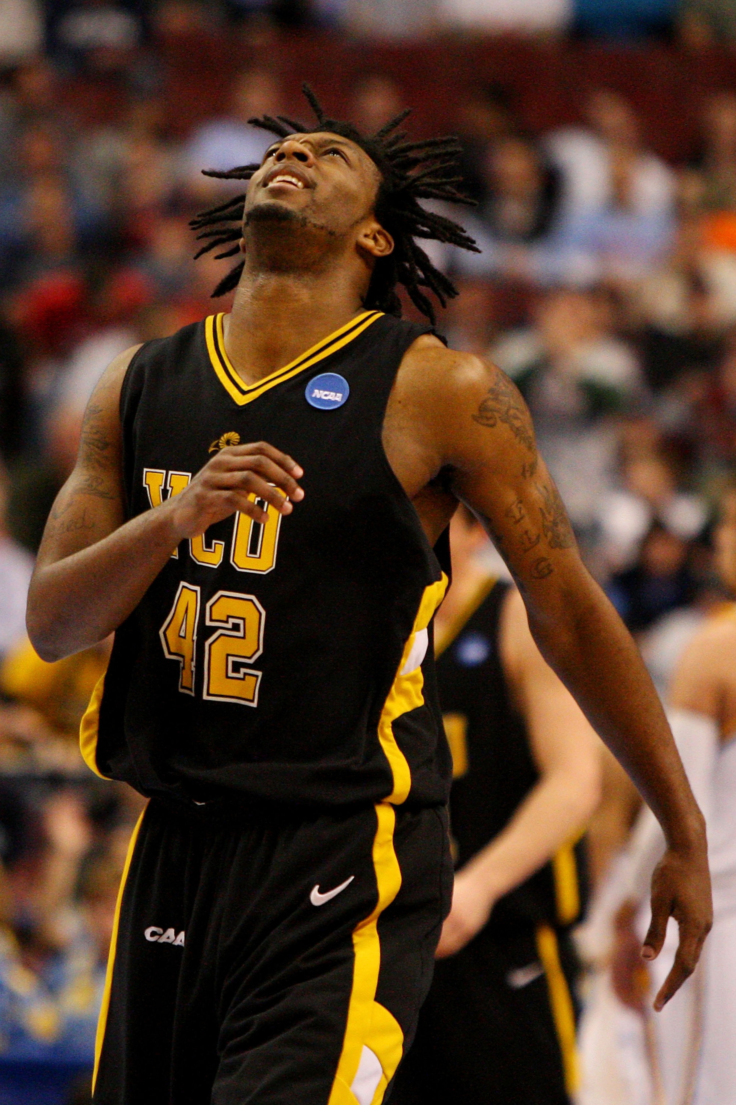 PHILADELPHIA - MARCH 19:  T.J. Gwynn #42 of the VCU Rams reacts during the game against the UCLA Bruins during the first round of the NCAA Division I Men's Basketball Tournament at the Wachovia Center on March 19, 2009 in Philadelphia, Pennsylvania.  (Pho