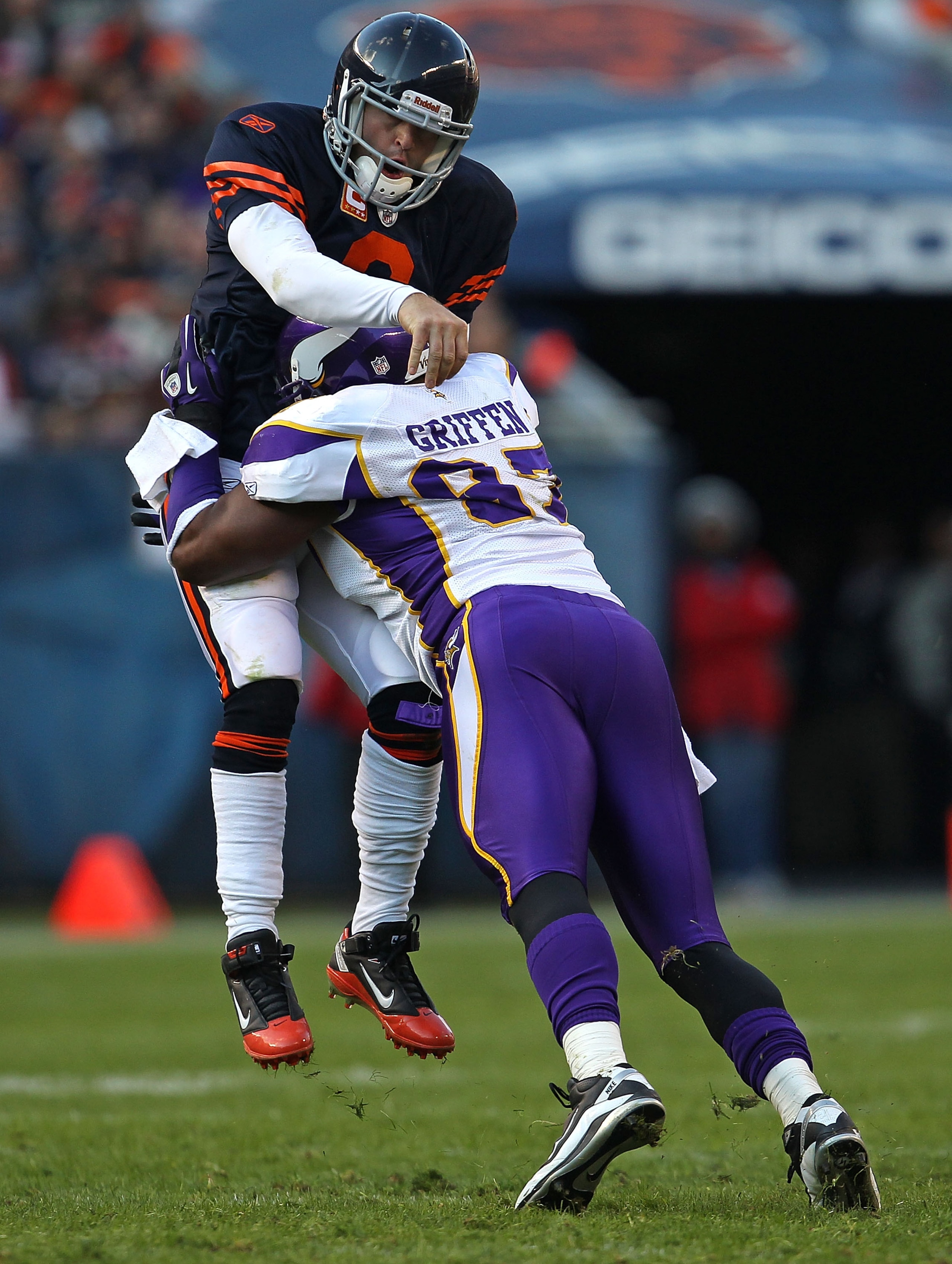 CHICAGO - NOVEMBER 14: Jay Cutler #6 of the Chicago Bears is hit after throwing a pass by Everson Griffen #97 of the Minnesota Vikings at Soldier Field on November 14, 2010 in Chicago, Illinois. The Bears defeated the Vikings 27-13. (Photo by Jonathan Dan