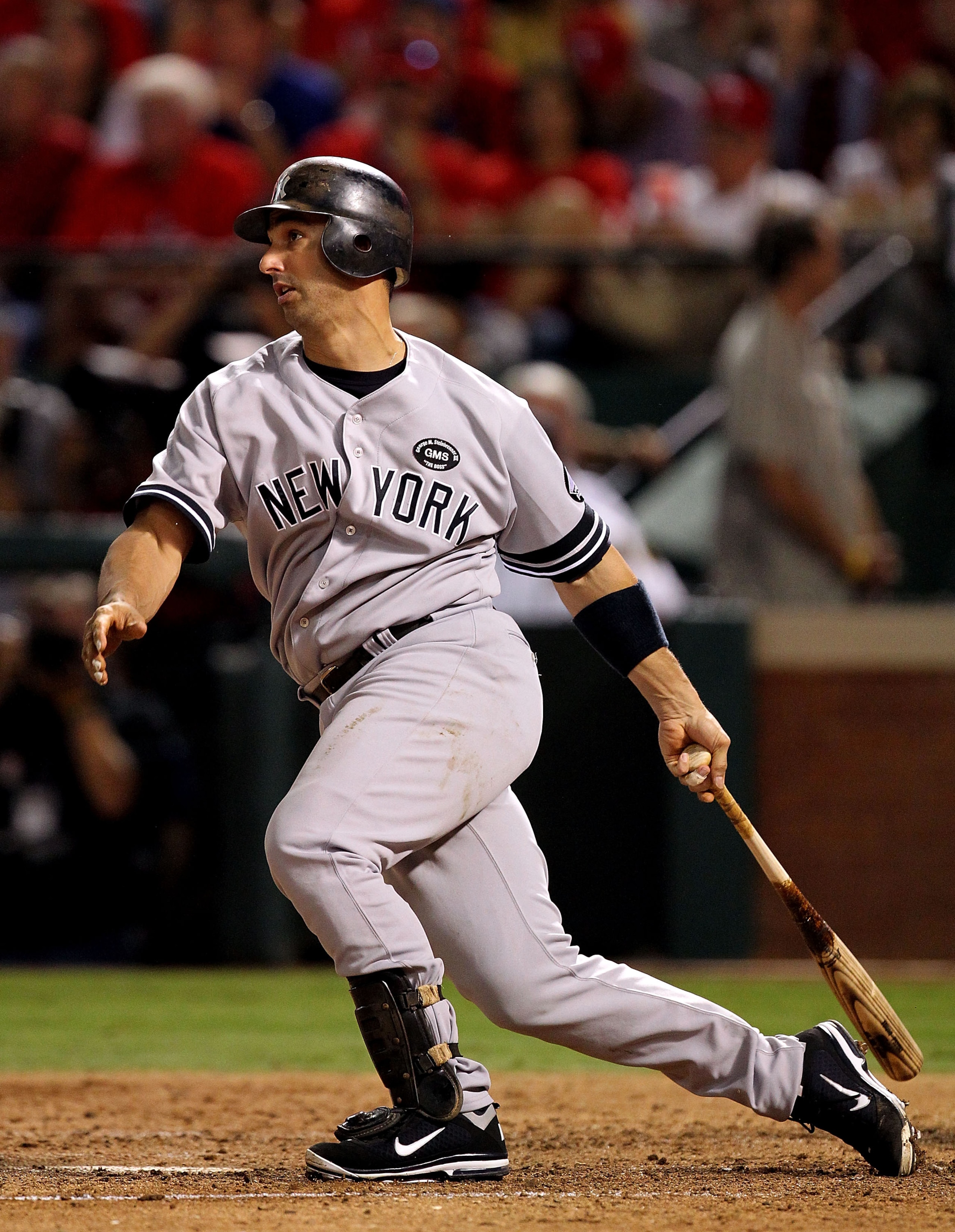 ARLINGTON, TX - OCTOBER 15:  Jorge Posada #20 of the New York Yankees bats against the Texas Rangers in Game One of the ALCS during the 2010 MLB Playoffs at Rangers Ballpark in Arlington on October 15, 2010 in Arlington, Texas. The Yankees won 6-5. (Photo