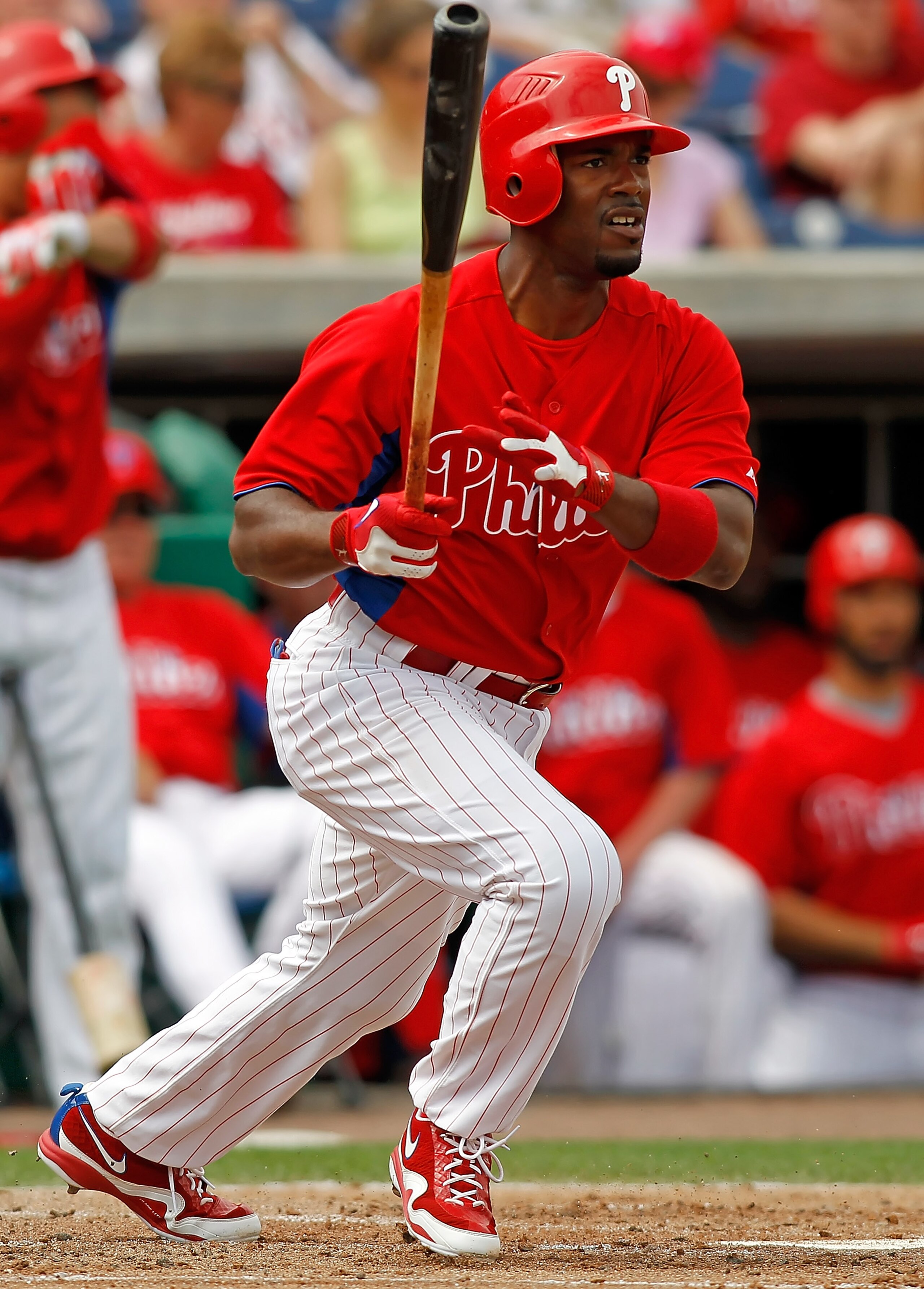 CLEARWATER, FL - MARCH 06:  Shortstop Jimmy Rollins #11 of the Philadelphia Phillies fouls off a pitch against the Tampa Bay Rays during a Grapefruit League Spring Training Game at Bright House Field on March 6, 2011 in Sarasota, Florida.  (Photo by J. Me