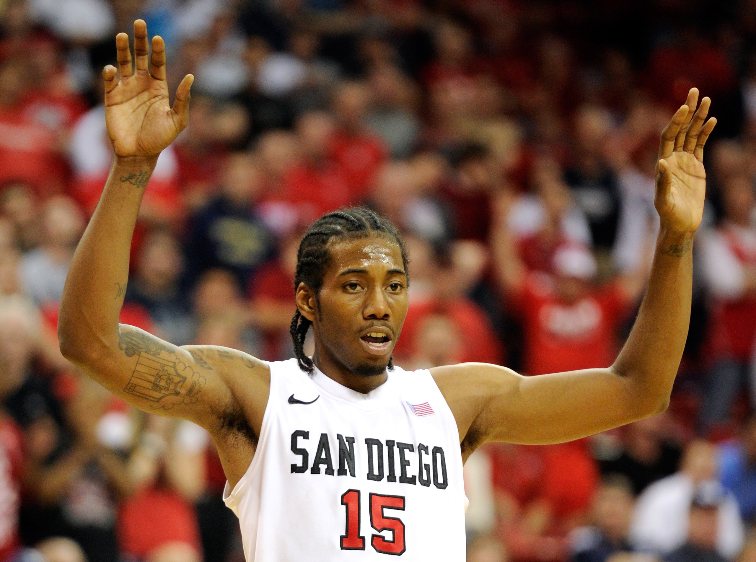 LAS VEGAS, NV - MARCH 11:  Kawhi Leonard #15 of the San Diego State Aztecs waits for a UNLV Rebels player to shoot a free throw during a semifinal game of the Conoco Mountain West Conference Basketball tournament at the Thomas & Mack Center March 11, 2011