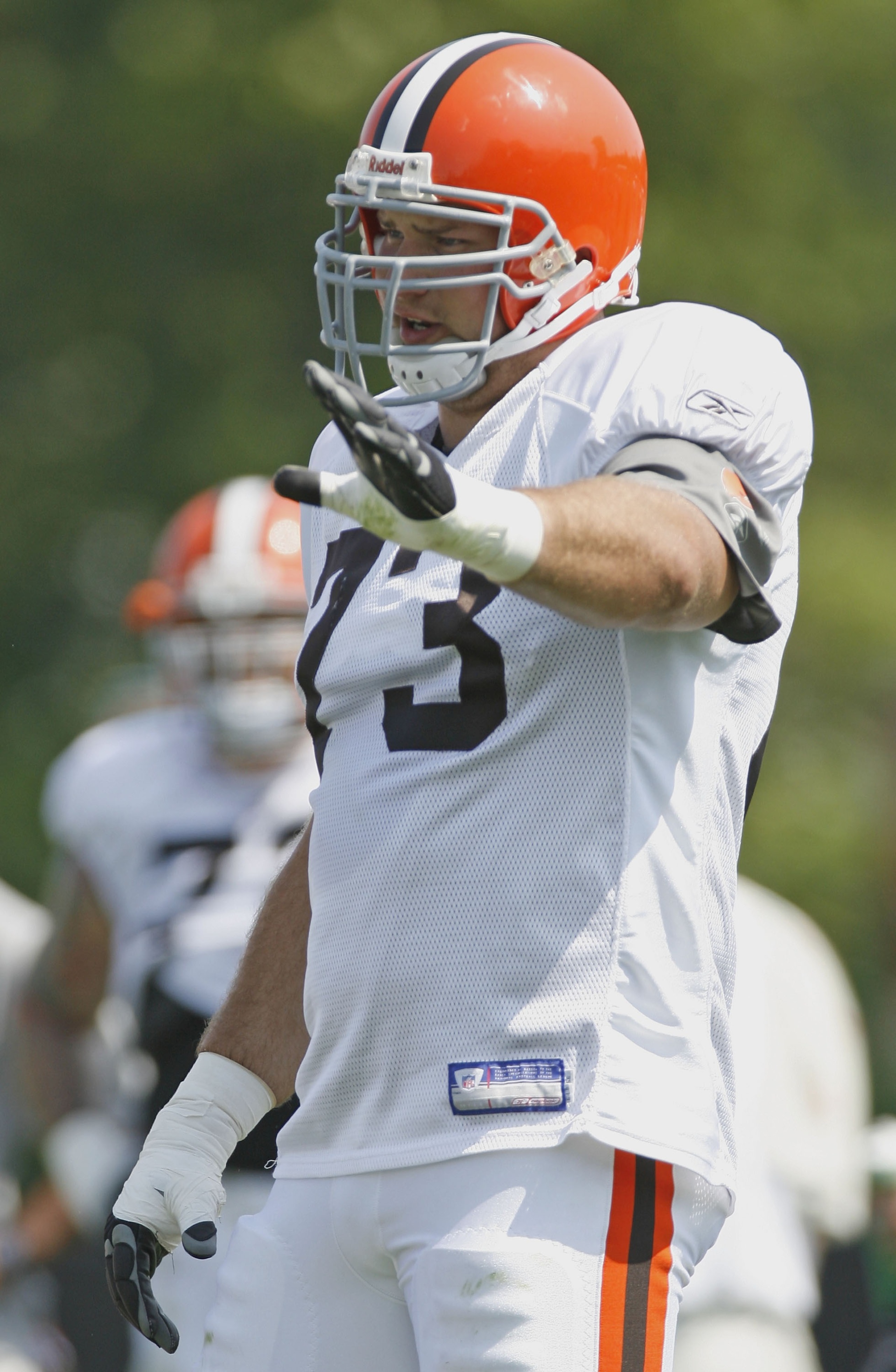 BEREA, OH - JULY 31:  Joe Thomas #73 of the Cleveland Browns and the third overall pick of the 2007 NFL Draft goes through drills during training camp at the Cleveland Browns Training and Administrative Complex on July 31, 2007 in Berea, Ohio.  (Photo by