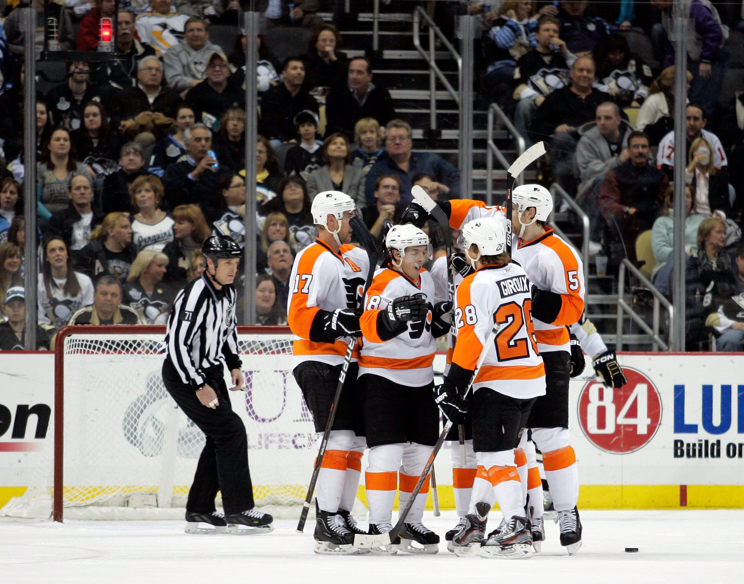 PITTSBURGH, PA - MARCH 29:  Braydon Coburn #5 of the Philadelphia Flyers celebrates his first period goal against the Pittsburgh Penguins at Consol Energy Center on March 29, 2011 in Pittsburgh, Pennsylvania.  (Photo by Justin K. Aller/Getty Images)
