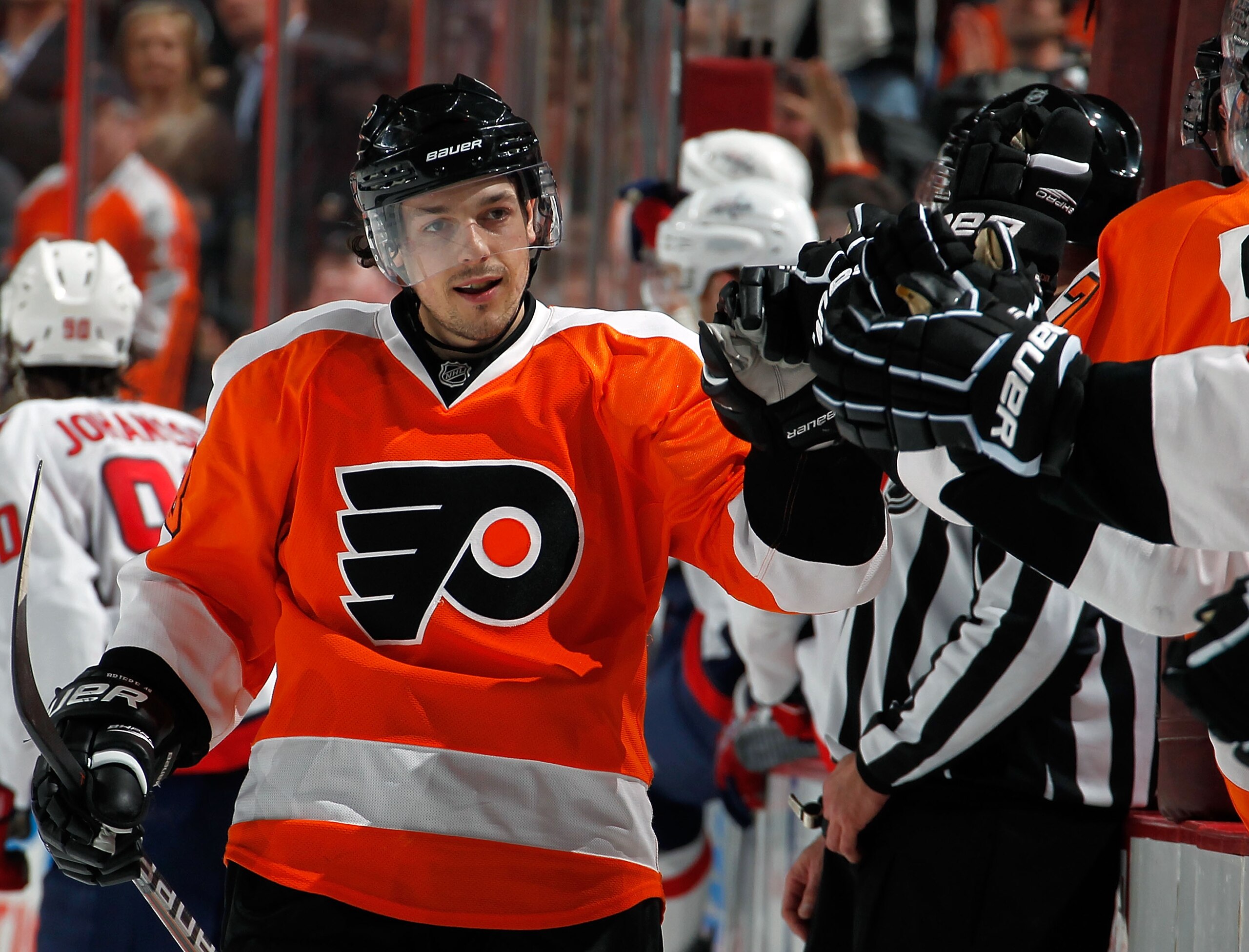PHILADELPHIA, PA - MARCH 22:  Danny Briere #48 of the Philadelphia Flyers celebrates a goal during an NHL hockey game against the Washington Capitals at the Wells Fargo Center on March 22, 2011 in Philadelphia, Pennsylvania.  (Photo by Paul Bereswill/Gett