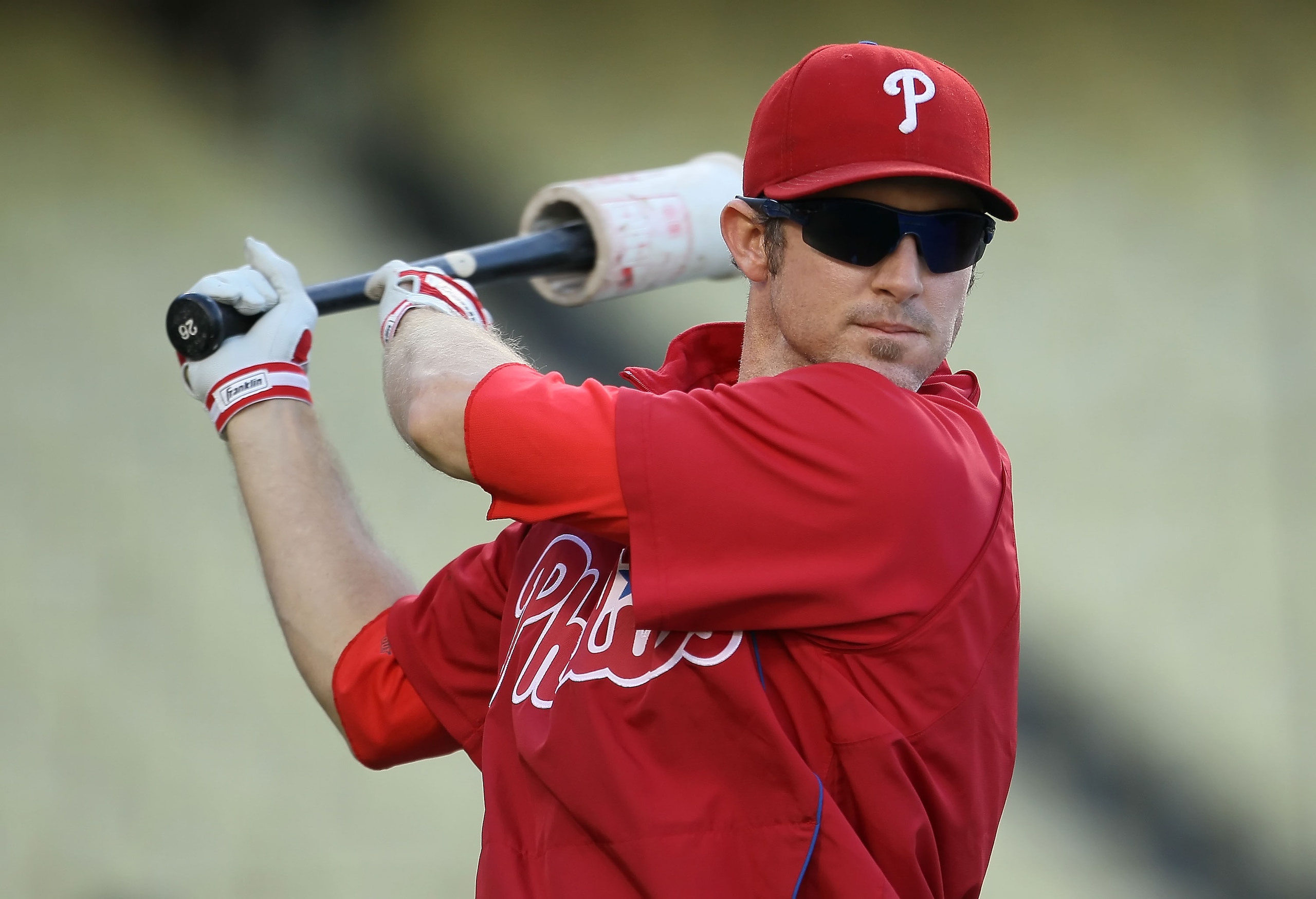 LOS ANGELES, CA - AUGUST 31:  Chase Utley #26 of the Philadelphia Phillies warms up prior to the start of the game against the Los Angeles Dodgers at Dodger Stadium on August 31, 2010 in Los Angeles, California. The Phillies defeated the Dodgers 8-4.  (Ph