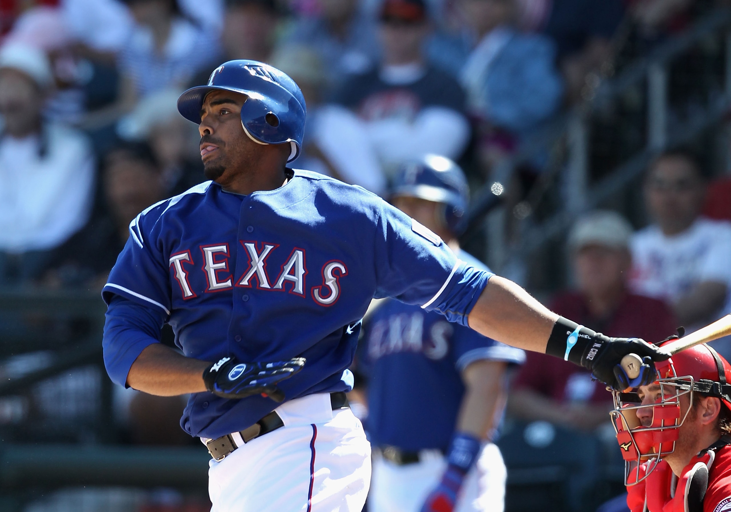 SURPRISE, AZ - MARCH 02:  Nelson Cruz #17 of the Texas Rangers bats against the Los Angeles Angels of Anaheim during the spring training game at Surprise Stadium on March 2, 2011 in Surprise, Arizona.  (Photo by Christian Petersen/Getty Images)