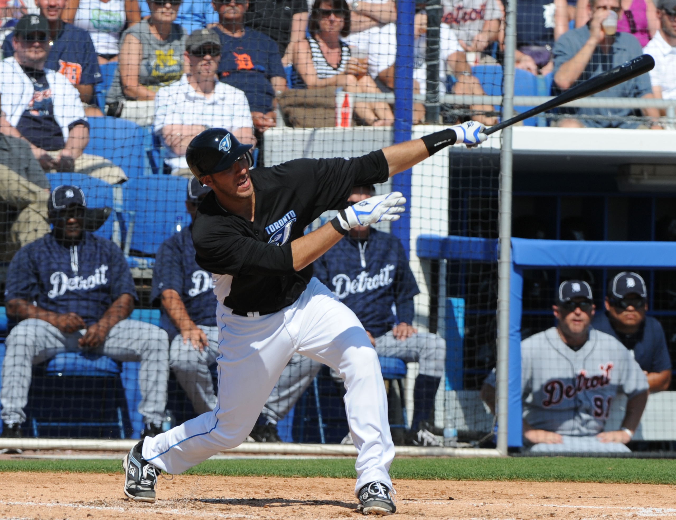 DUNEDIN, FL - FEBRUARY 26:  Infielder Jose Bautista #19 of the Toronto Blue Jays bats against the Detroit Tigers February 26, 2011 at Florida Auto Exchange Stadium in Dunedin, Florida.  (Photo by Al Messerschmidt/Getty Images)